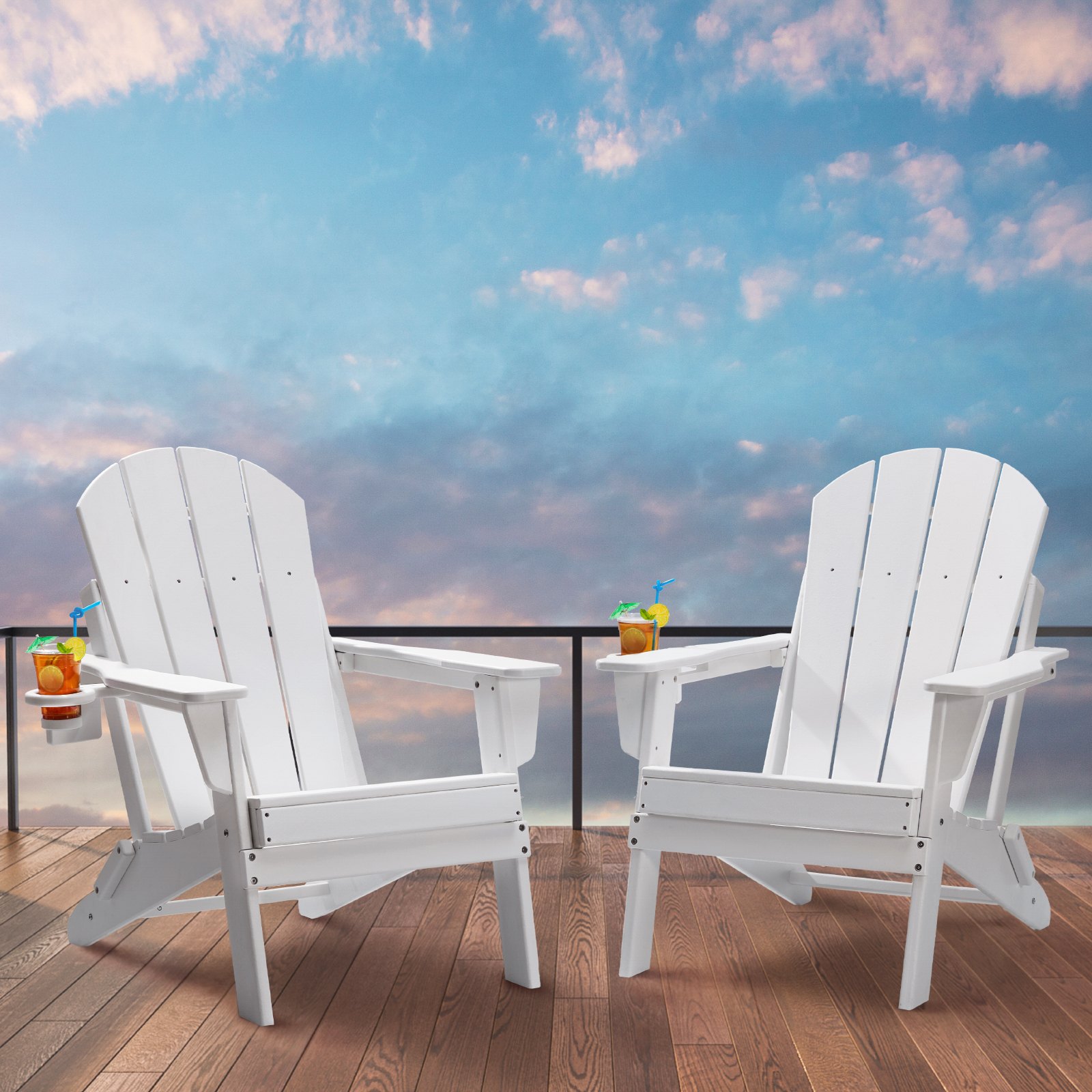 VEVOR Adirondack Chair made of plastic, set of 2, weatherproof, portable, foldable, fire pit chair, outdoor Adirondack patio chair with drink holder, relaxing armrests, ergonomic, for garden, backyard – White