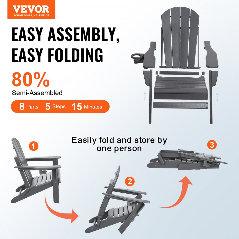 VEVOR Adirondack Chair, Plastic, Set of 2, Weatherproof, Portable, Foldable Fire Pit Chair, Outdoor Adirondack Patio Chair with Drink Holder, Relaxing Armrests, Ergonomic, for Garden, Backyard – Gray