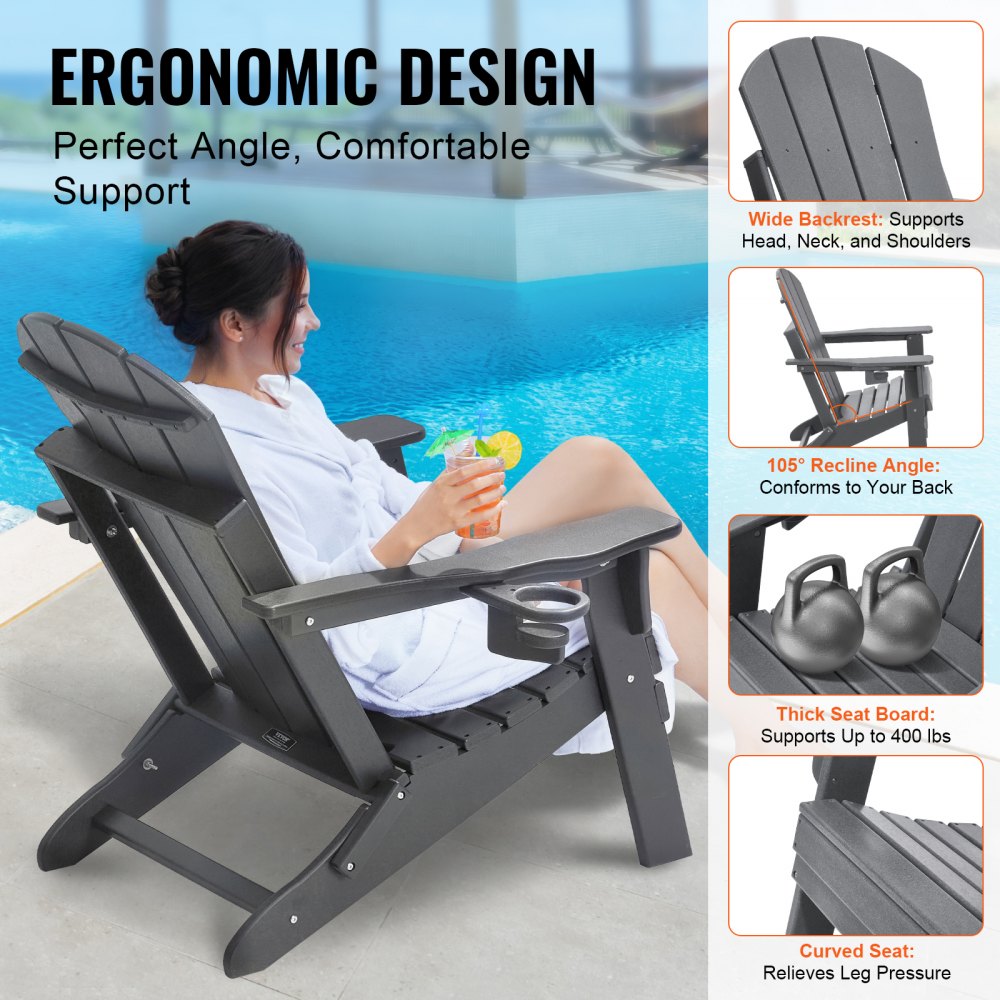 VEVOR Adirondack Chair, Plastic, Set of 2, Weatherproof, Portable, Foldable Fire Pit Chair, Outdoor Adirondack Patio Chair with Drink Holder, Relaxing Armrests, Ergonomic, for Garden, Backyard – Gray