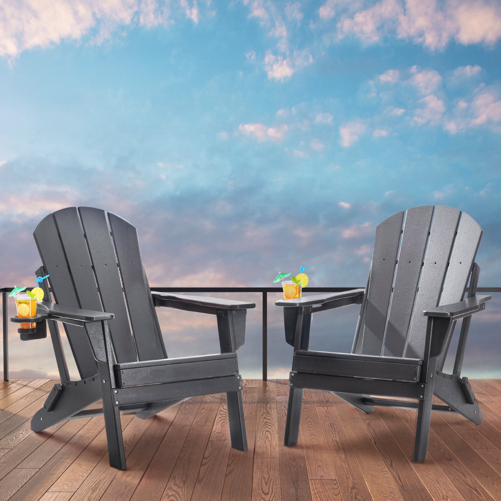 VEVOR Adirondack Chair, Plastic, Set of 2, Weatherproof, Portable, Foldable Fire Pit Chair, Outdoor Adirondack Patio Chair with Drink Holder, Relaxing Armrests, Ergonomic, for Garden, Backyard – Gray
