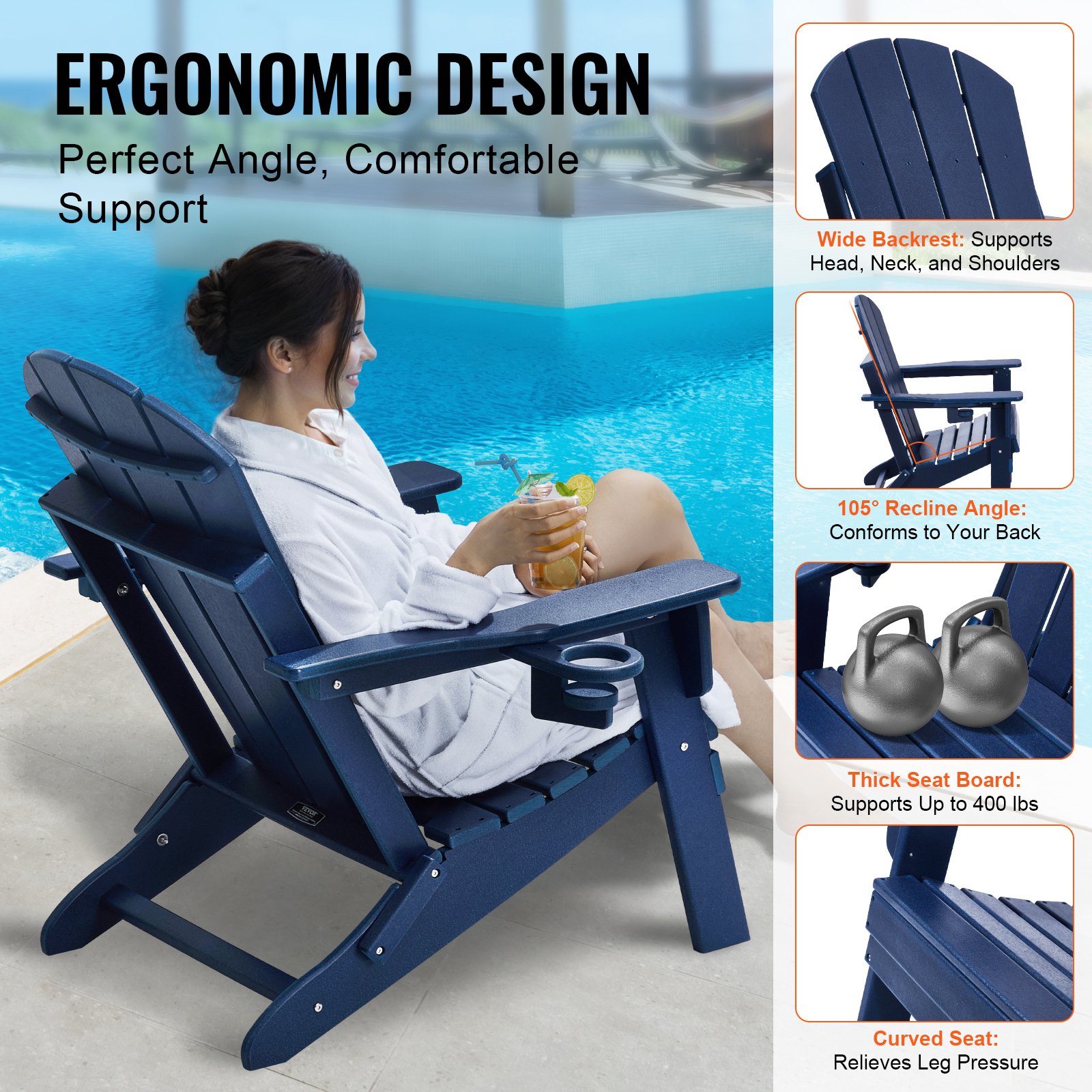 VEVOR 2 Juegos de Sillas Adirondack de Plástico Plegables y Portátiles de 800 x 755 x 915mm para Exteriores, con Portavasos, Reposabrazos Relajante y Ergonómico para Jardín, Patio trasero, Azul Marino