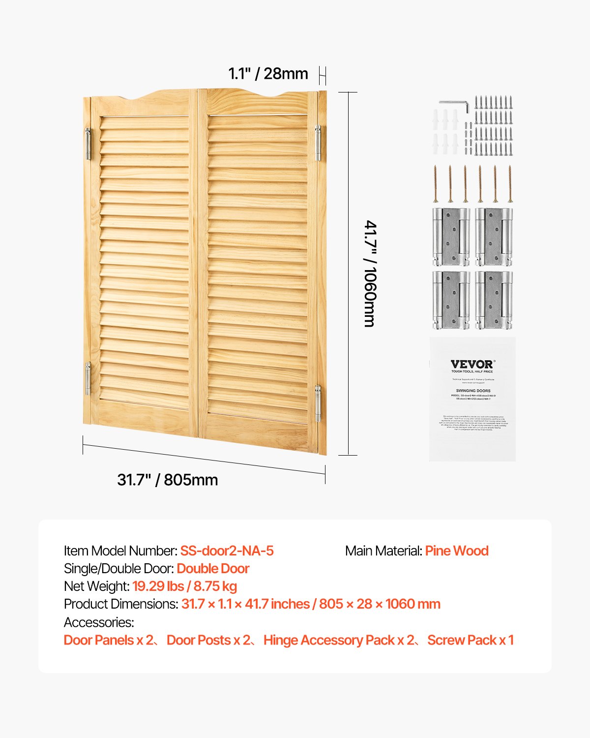 VEVOR Puertas Batientes para Cafetería, Puerta Interior de Doble Acción con Arco Superior de Madera de Pino 805 x 28 x 1060 mm con Bisagras y Herrajes para Pasillo, Cocina, Bar, Color Madera