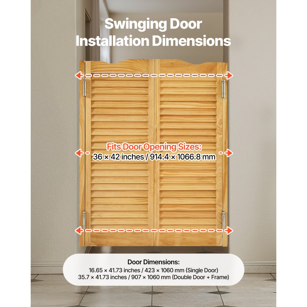 VEVOR Saloon Door, 907x28x1060 mm, Swing Door with Hinges & Fittings Kit, Hinged Door, Easy to Install, Arched Inward Swing Doors for Cafes, Hallways, Kitchens, Bars, Pubs, Entrances, Wood Color