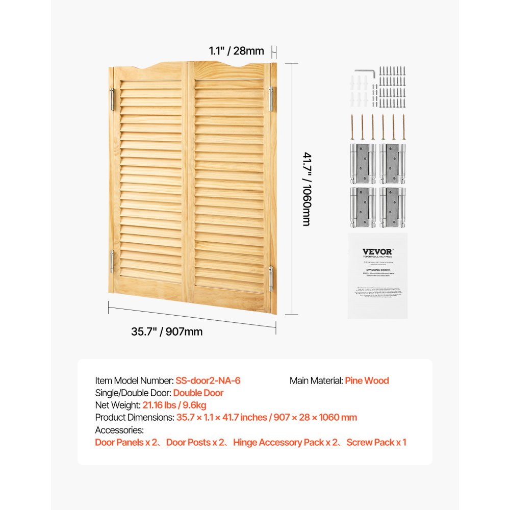 VEVOR Saloon Door, 907x28x1060 mm, Swing Door with Hinges & Fittings Kit, Hinged Door, Easy to Install, Arched Inward Swing Doors for Cafes, Hallways, Kitchens, Bars, Pubs, Entrances, Wood Color