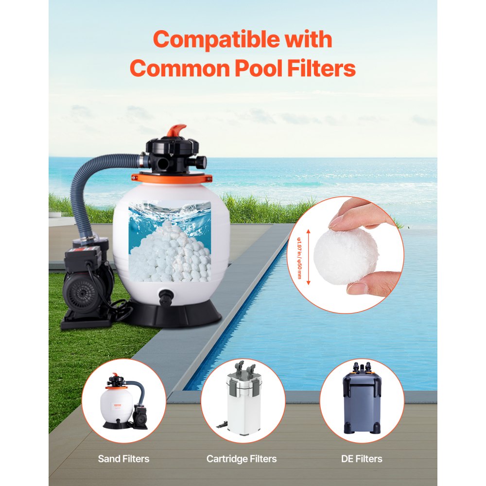 VEVOR Bolas de Filtro para Piscina 2,1 kg para Filtro de Arena de Piscina Medio Filtrante de Fibra de Poliéster Blanco Reutilizable con Bolsa de Lavado para Piscina, Acuario, Tanque, Piscina Elevada