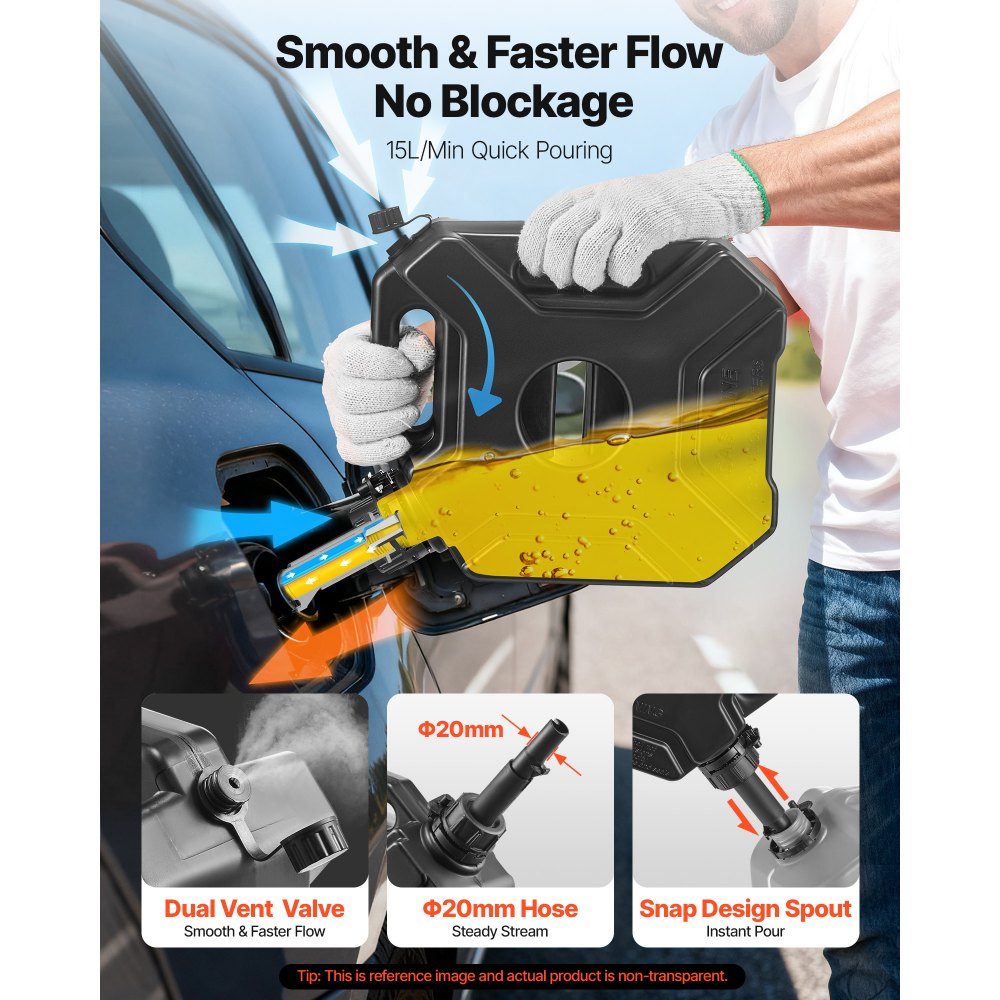 VEVOR Bidón de Gasolina de 5 L, Tanque de Combustible de HDPE y PP con Pico y Cerradura, Caudal Máximo de 15 L/min, a Prueba de Fugas, para la Mayoría de Autos, Motocicletas, ATV, UTV, Negro, 1 Pieza