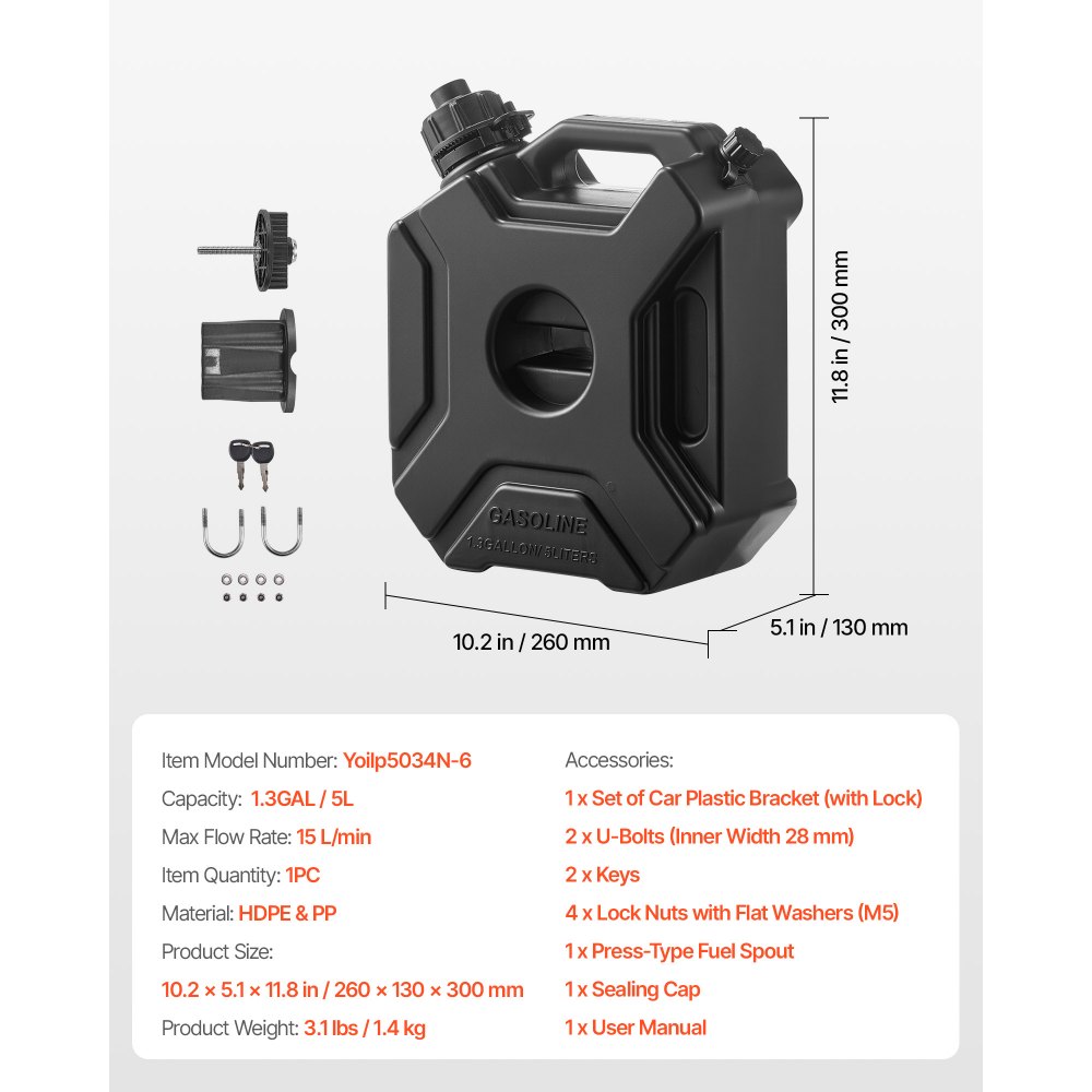 VEVOR Bidón de Gasolina de 5 L, Tanque de Combustible de HDPE y PP con Pico y Cerradura, Caudal Máximo de 15 L/min, a Prueba de Fugas, para la Mayoría de Autos, Motocicletas, ATV, UTV, Negro, 1 Pieza