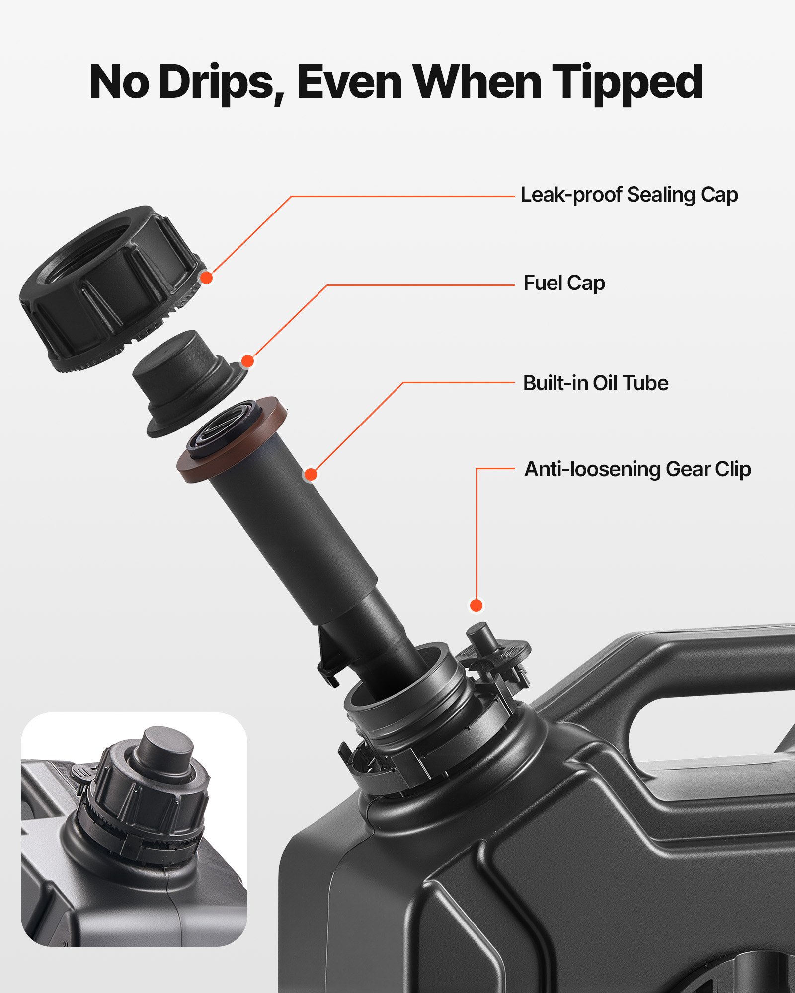 VEVOR Bidón de Gasolina de 5 L, Tanque de Combustible de HDPE y PP con Pico y Cerradura, Caudal Máximo de 15 L/min, a Prueba de Fugas, para la Mayoría de Autos, Motocicletas, ATV, UTV, Negro, 1 Pieza