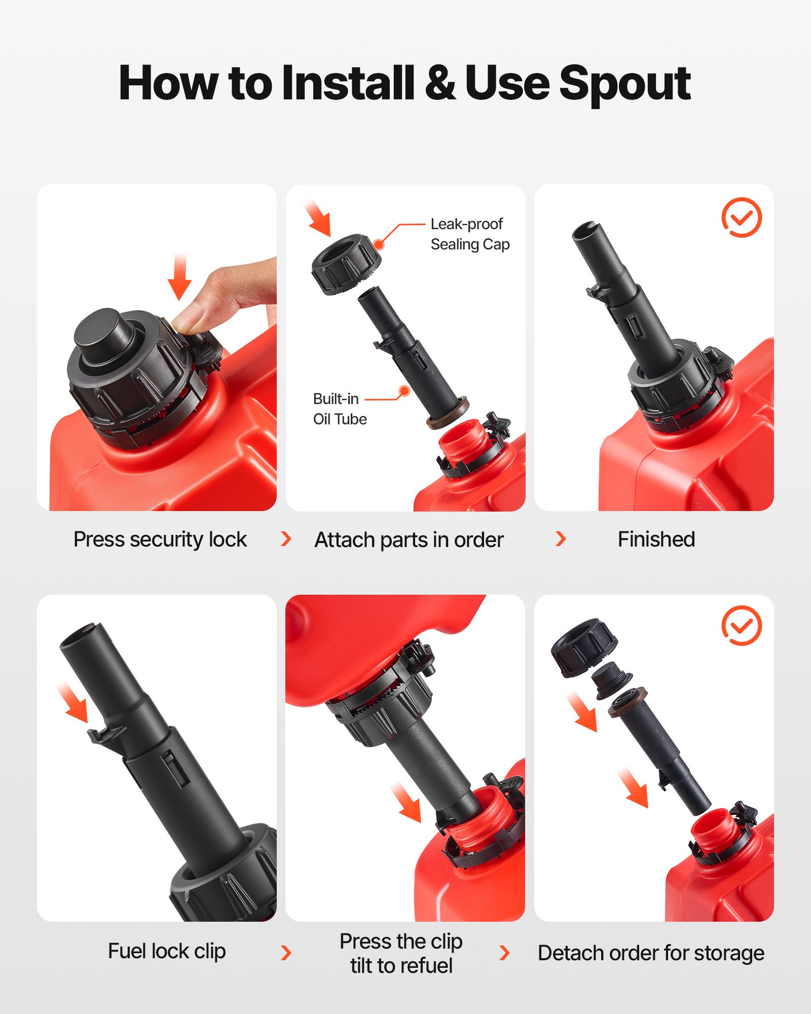 VEVOR Bidón de Gasolina de 5 L, Tanque de Combustible de HDPE y PP, con Pico y Cerradura, Caudal Máximo de 15 L/min, a Prueba de Fugas, para la Mayoría de Autos, Motocicletas, ATV, UTV, Rojo, 1 Pieza