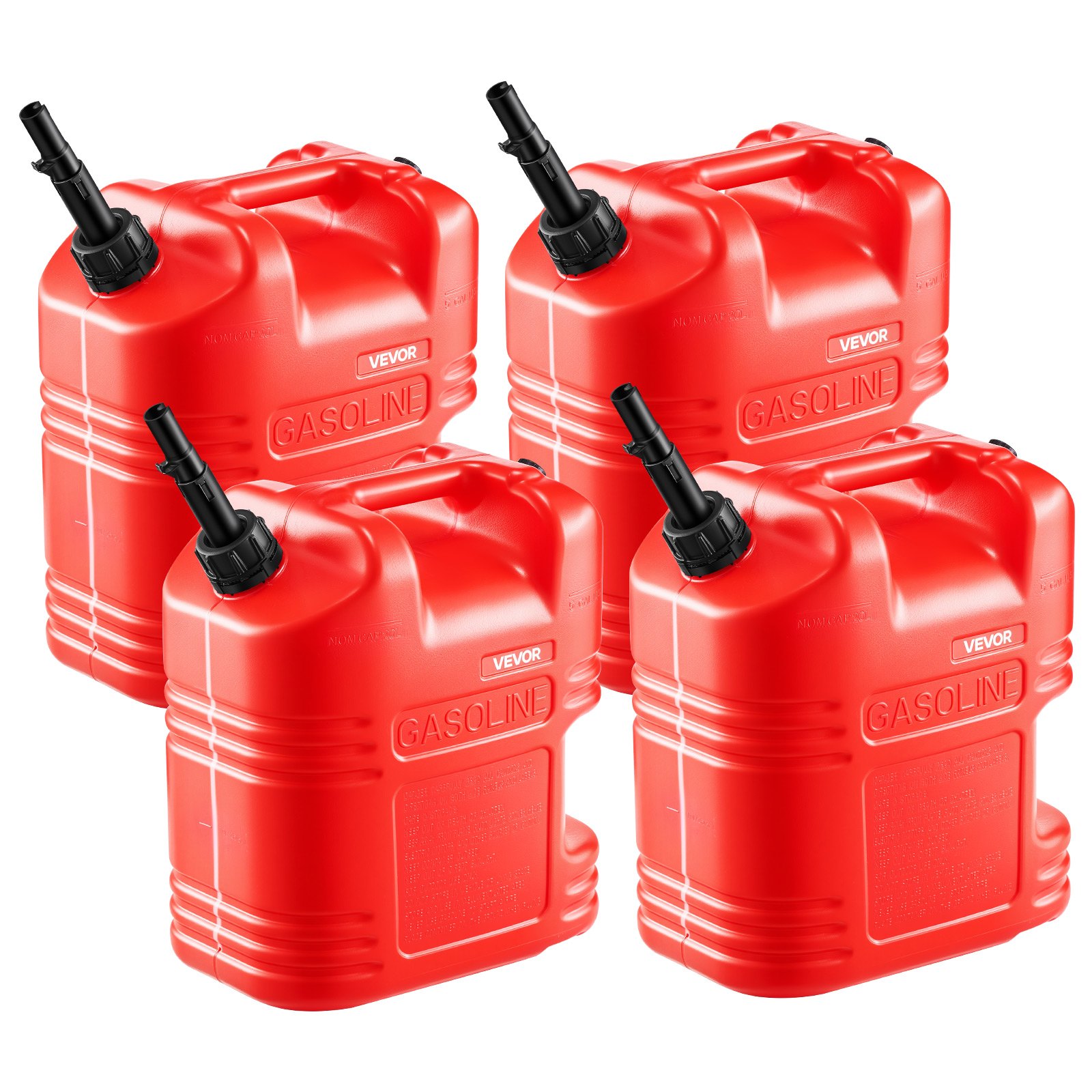 VEVOR Bidón de Gasolina de 19 L, Tanque de Combustible de HDPE y PP, con Pico y Escala, Caudal Máximo de 15 L/min, a Prueba de Fugas, para la Mayoría de Autos, Motocicletas, ATV, UTV, Rojo, 4 Piezas