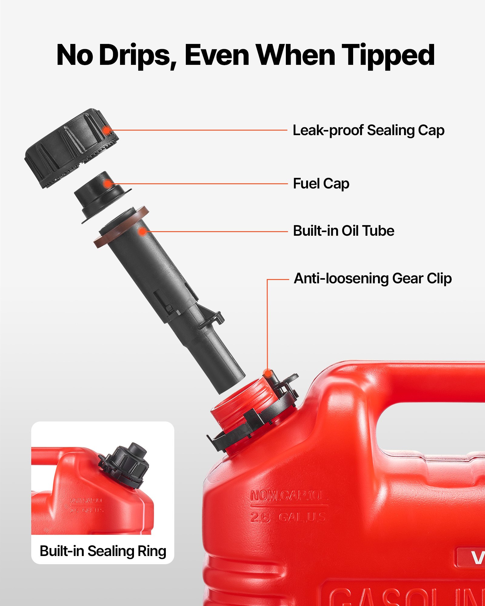 VEVOR Bidón de Gasolina de 9,5 L, Tanque de Combustible de HDPE y PP, con Pico y Escala, Caudal Máximo de 15 L/min, a Prueba de Fugas, para la Mayoría de Autos, Motocicletas, ATV, UTV, Rojo, 1 Pieza