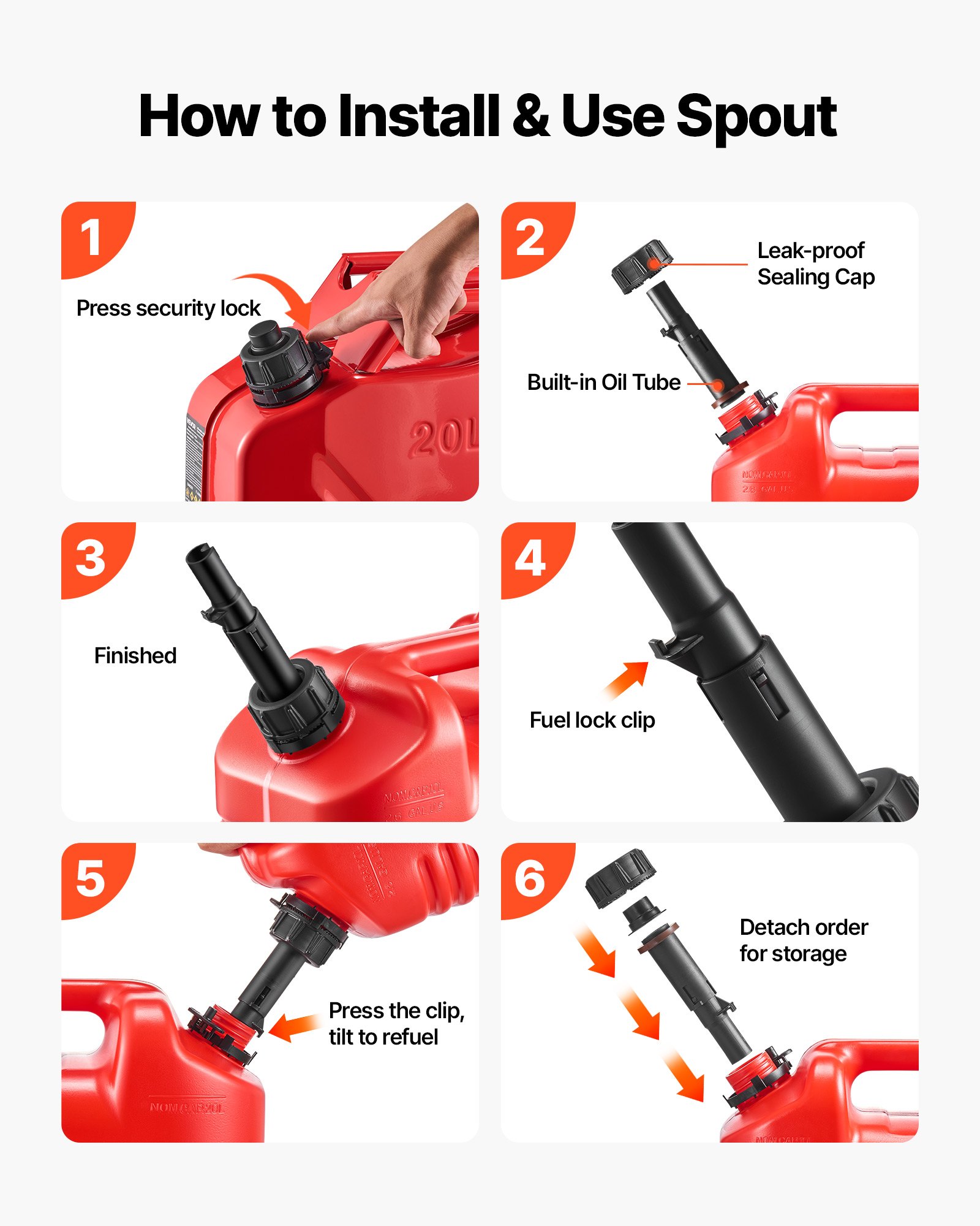 VEVOR Bidón de Gasolina de 9,5 L, Tanque de Combustible de HDPE y PP, con Pico y Escala, Caudal Máximo de 15 L/min, a Prueba de Fugas, para la Mayoría de Autos, Motocicletas, ATV, UTV, Rojo, 1 Pieza
