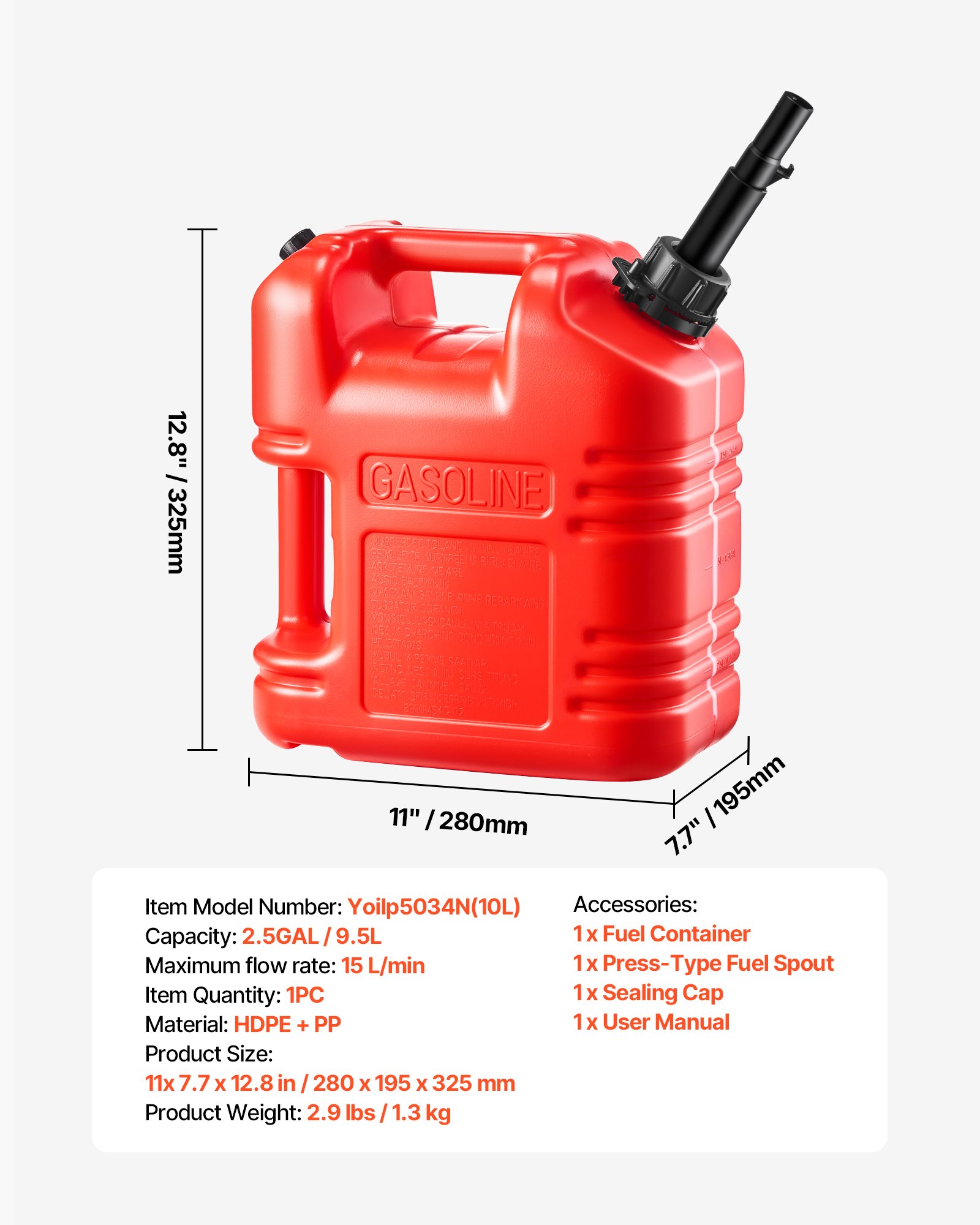 VEVOR Bidón de Gasolina de 9,5 L, Tanque de Combustible de HDPE y PP, con Pico y Escala, Caudal Máximo de 15 L/min, a Prueba de Fugas, para la Mayoría de Autos, Motocicletas, ATV, UTV, Rojo, 1 Pieza