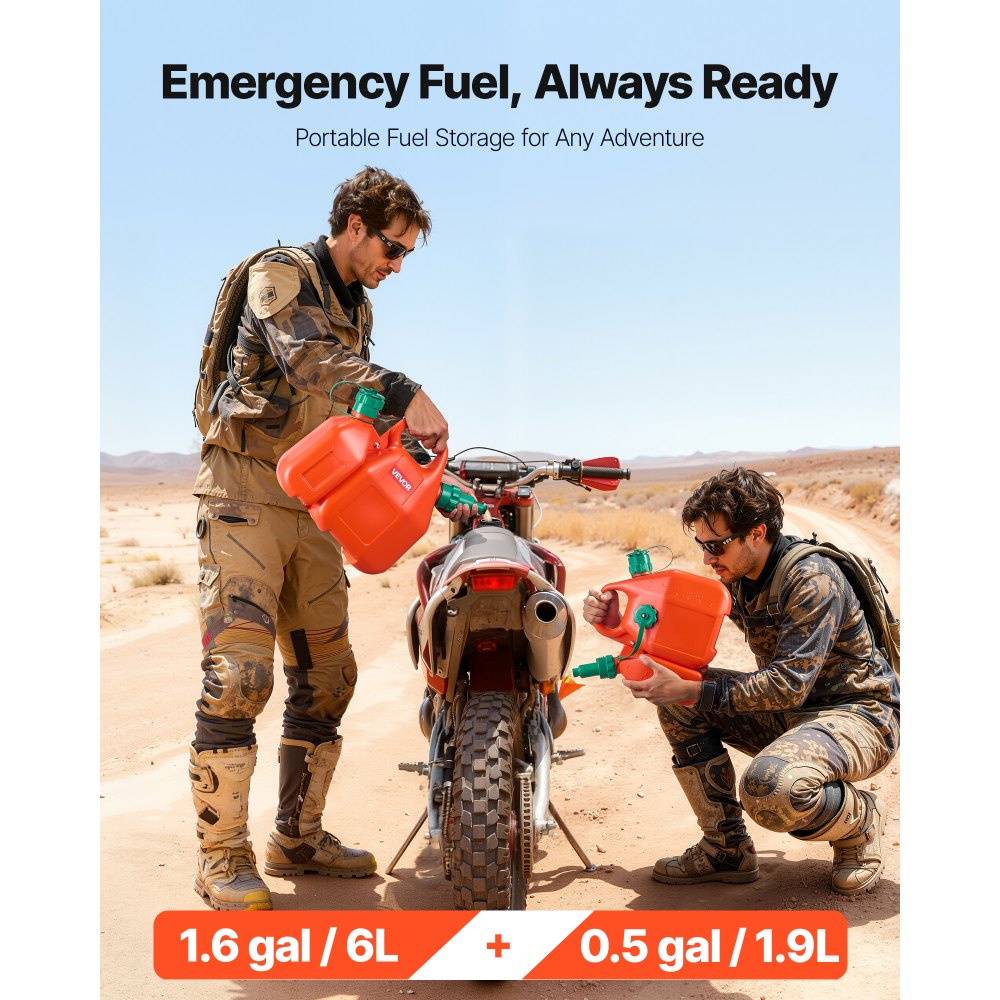 VEVOR Bidón de Gasolina de 6 L, Contenedor Adicional de 1,9 L, Tanque de Combustible de HDPE y PP, Caudal Máximo de 5,5 L/min, a Prueba de Fugas, para la Mayoría de Autos, Motocicletas, ATV, UTV