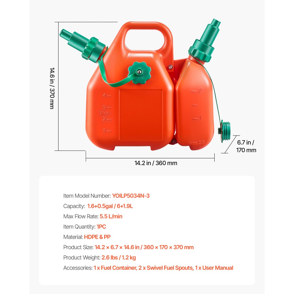 VEVOR Bidón de Gasolina de 6 L, Contenedor Adicional de 1,9 L, Tanque de Combustible de HDPE y PP, Caudal Máximo de 5,5 L/min, a Prueba de Fugas, para la Mayoría de Autos, Motocicletas, ATV, UTV