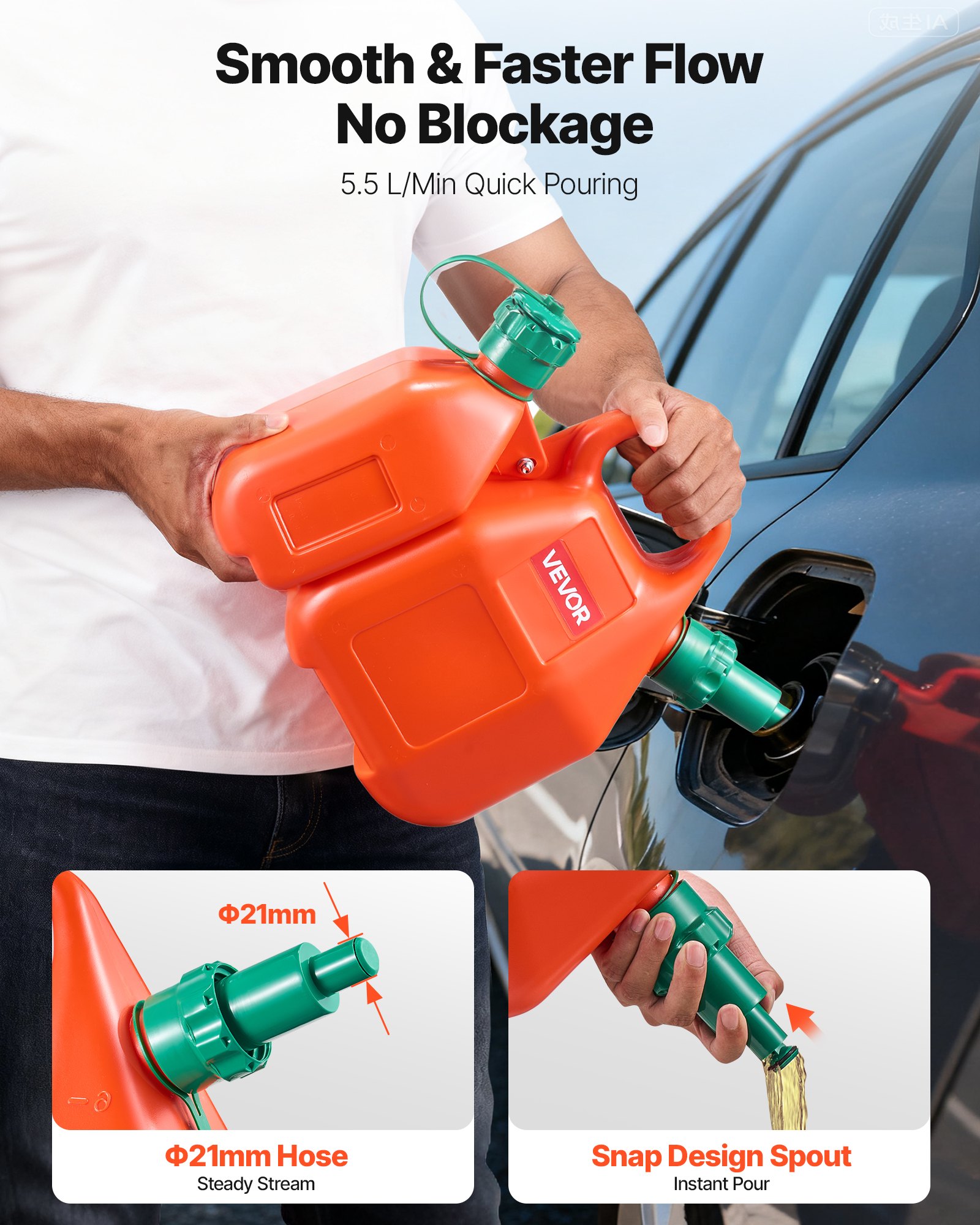 VEVOR Bidón de Gasolina de 6 L, Contenedor Adicional de 1,9 L, Tanque de Combustible de HDPE y PP, Caudal Máximo de 5,5 L/min, a Prueba de Fugas, para la Mayoría de Autos, Motocicletas, ATV, UTV