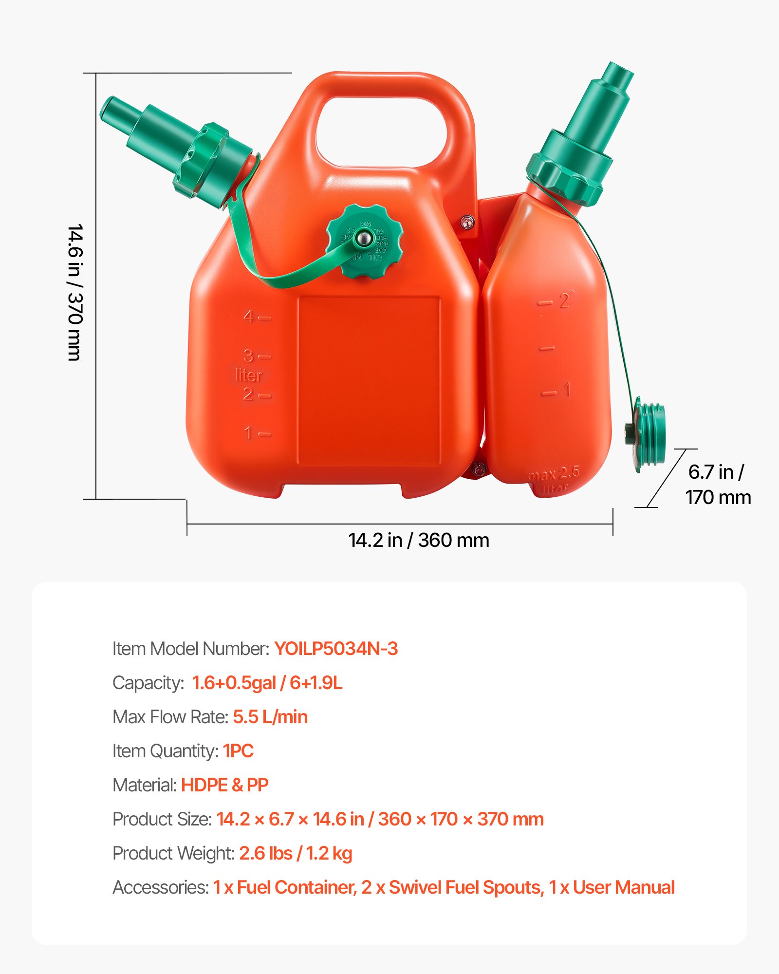 VEVOR Bidón de Gasolina de 6 L, Contenedor Adicional de 1,9 L, Tanque de Combustible de HDPE y PP, Caudal Máximo de 5,5 L/min, a Prueba de Fugas, para la Mayoría de Autos, Motocicletas, ATV, UTV