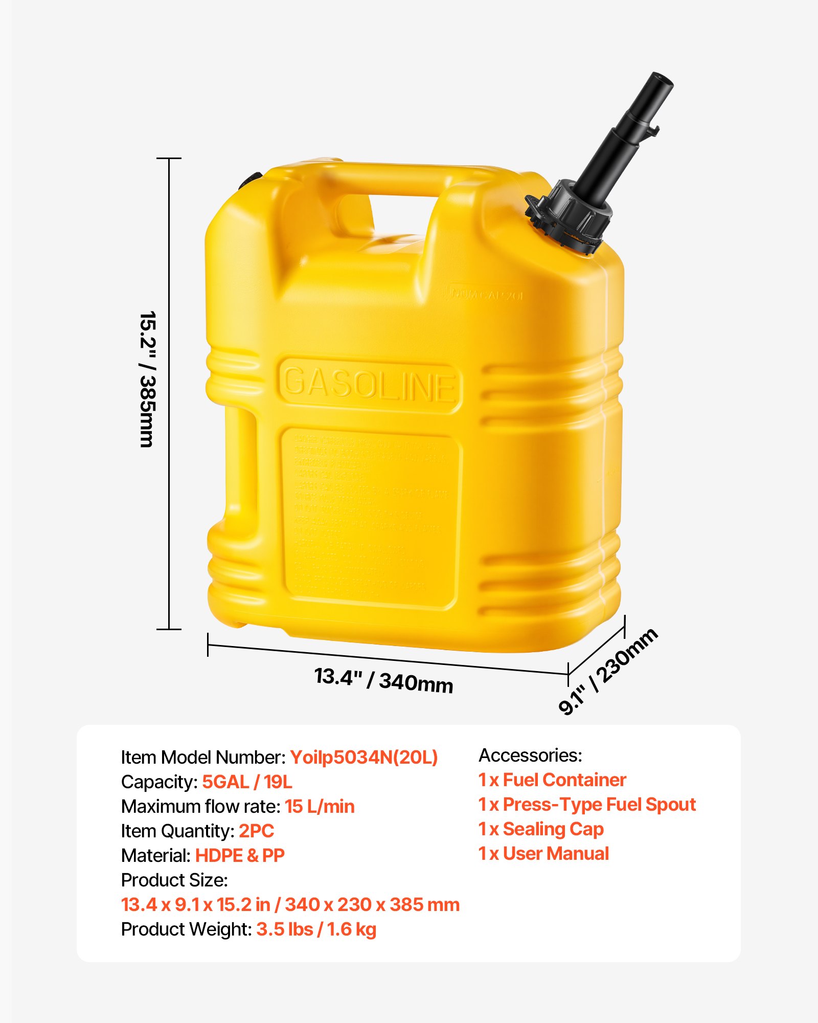 VEVOR Bidón de Gasolina 19 L, Tanque de Combustible de HDPE y PP, con Pico y Escala, Caudal Máximo de 15 L/min, a Prueba de Fugas, para la Mayoría de Autos, Motocicletas, ATV, UTV, Amarillo, 2 Piezas
