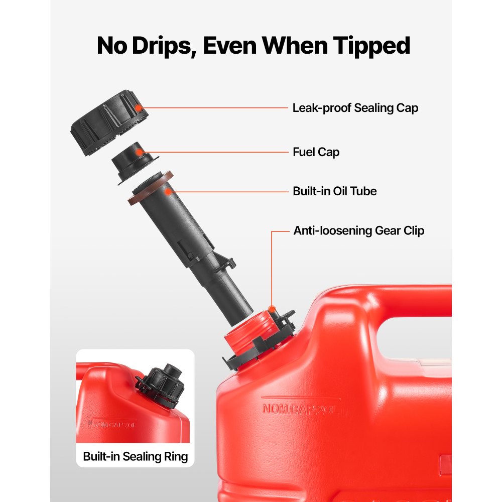 VEVOR Bidón de Gasolina de 19 L, Tanque de Combustible de HDPE y PP, con Pico y Escala, Caudal Máximo de 15 L/min, a Prueba de Fugas, para la Mayoría de Autos, Motocicletas, ATV, UTV, Rojo, 2 Piezas