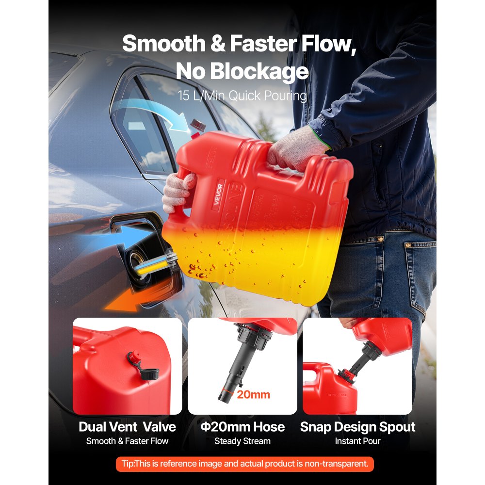 VEVOR Bidón de Gasolina de 19 L, Tanque de Combustible de HDPE y PP, con Pico y Escala, Caudal Máximo de 15 L/min, a Prueba de Fugas, para la Mayoría de Autos, Motocicletas, ATV, UTV, Rojo, 2 Piezas