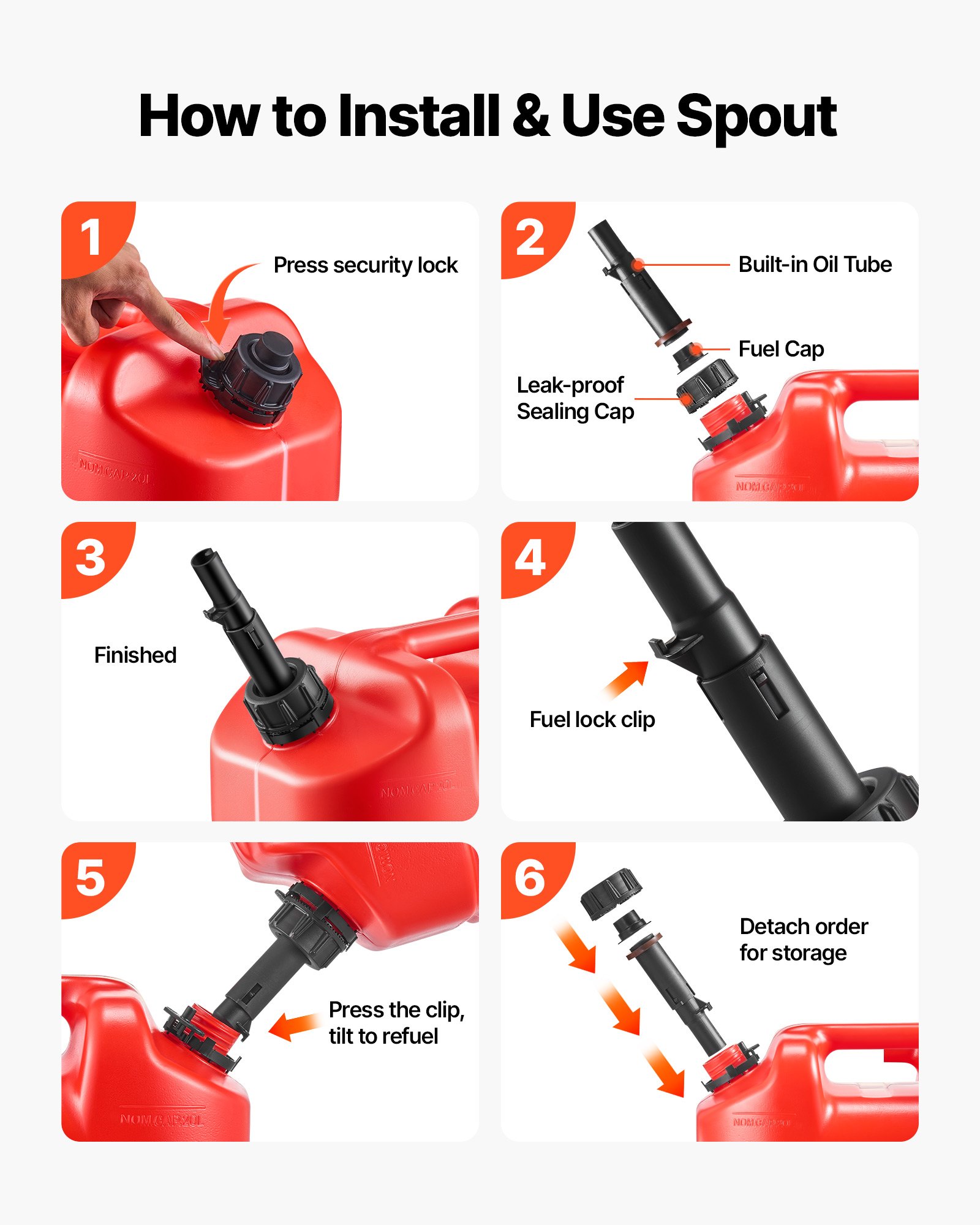 VEVOR Bidón de Gasolina de 19 L, Tanque de Combustible de HDPE y PP, con Pico y Escala, Caudal Máximo de 15 L/min, a Prueba de Fugas, para la Mayoría de Autos, Motocicletas, ATV, UTV, Rojo, 2 Piezas