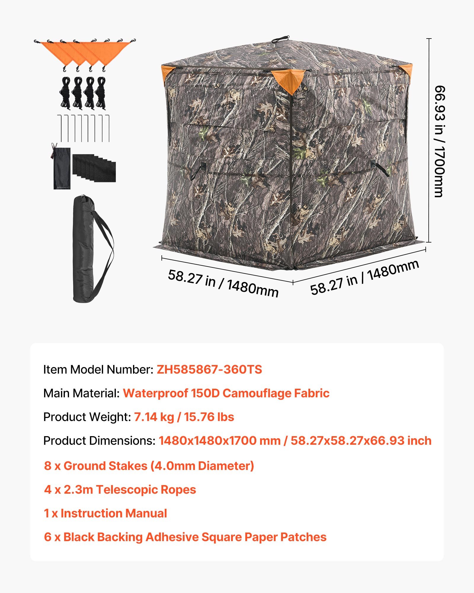 VEVOR Persiana de Caza Transparente para 2 o 3 Personas con Bolsa de Transporte, Camuflaje, de 360 Grados, con Puerta y Ventana Laterales Silenciosas, para Pavos y Ciervos, 1480 x 1480 x 1700 mm