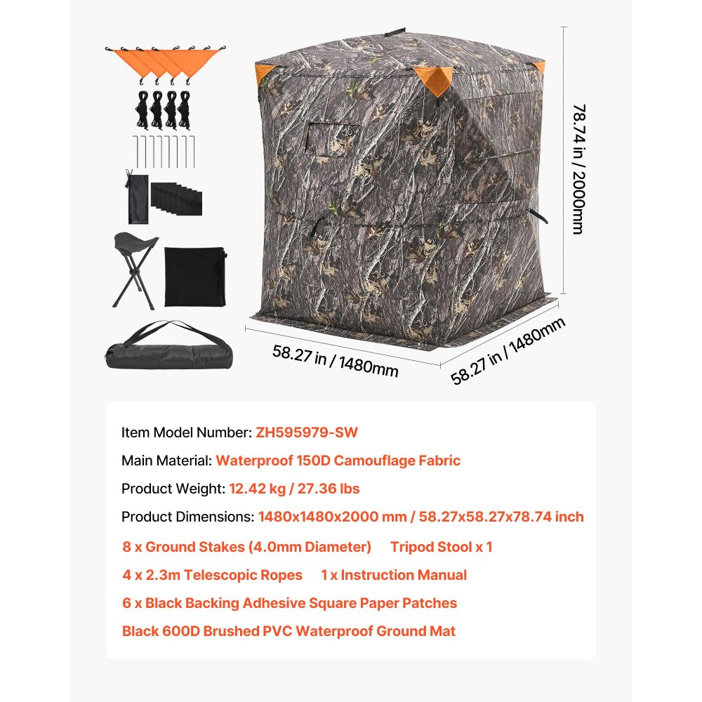 VEVOR Persiana de Caza Térmica 2 o 3 Personas con Silla de Tres Patas y Bolsa de Transporte, Camuflaje, con Puerta y Ventana Silenciosas con Cremallera, a Pavos y Ciervos, 1480 x 1480 x 2000 mm