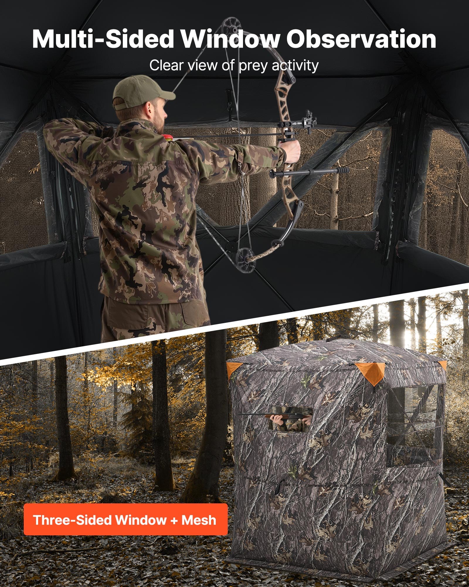 VEVOR Persiana de Caza Térmica 2 o 3 Personas con Silla de Tres Patas y Bolsa de Transporte, Camuflaje, con Puerta y Ventana Silenciosas con Cremallera, a Pavos y Ciervos, 1480 x 1480 x 2000 mm