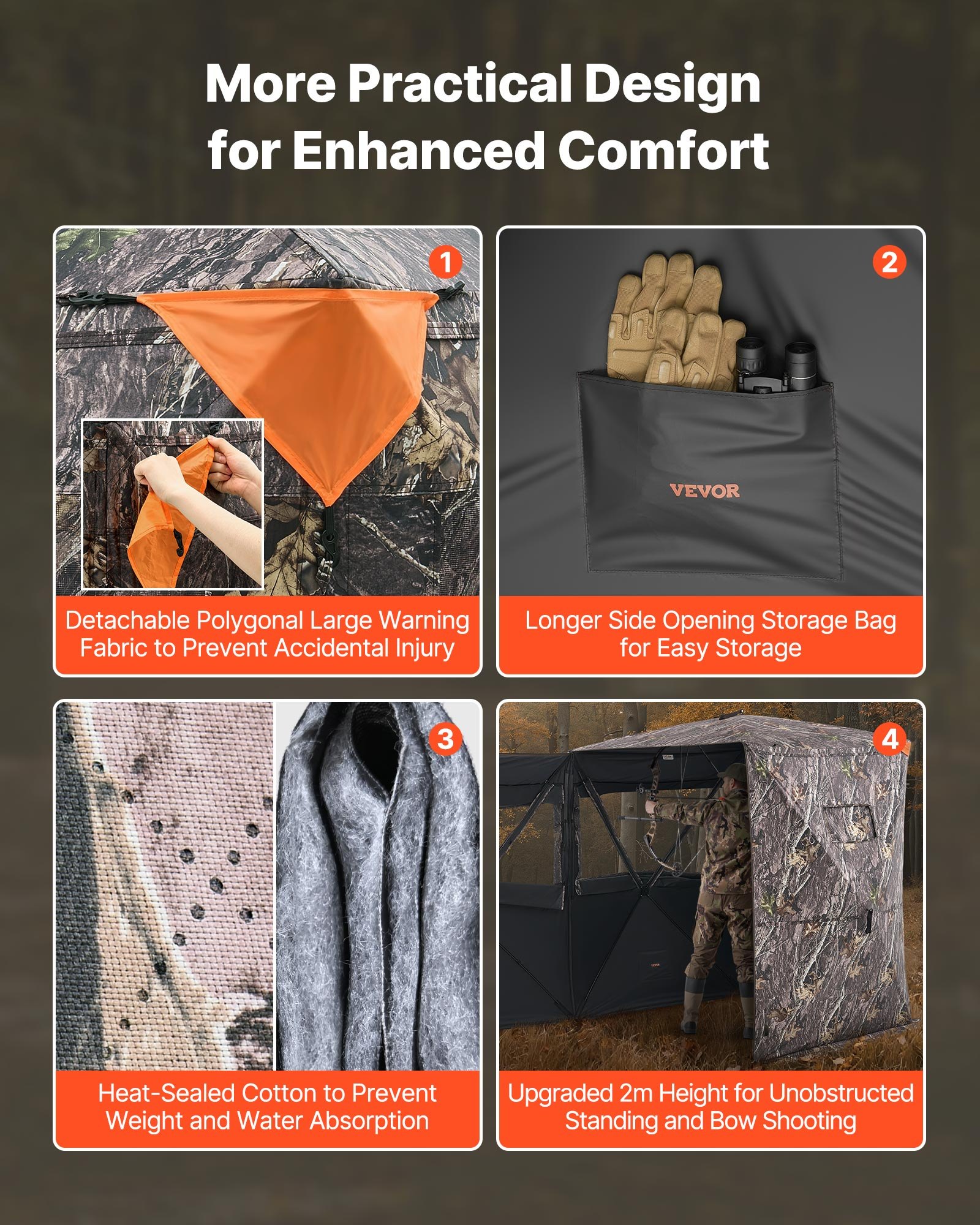 VEVOR Persiana de Caza Térmica 2 o 3 Personas con Silla de Tres Patas y Bolsa de Transporte, Camuflaje, con Puerta y Ventana Silenciosas con Cremallera, a Pavos y Ciervos, 1480 x 1480 x 2000 mm