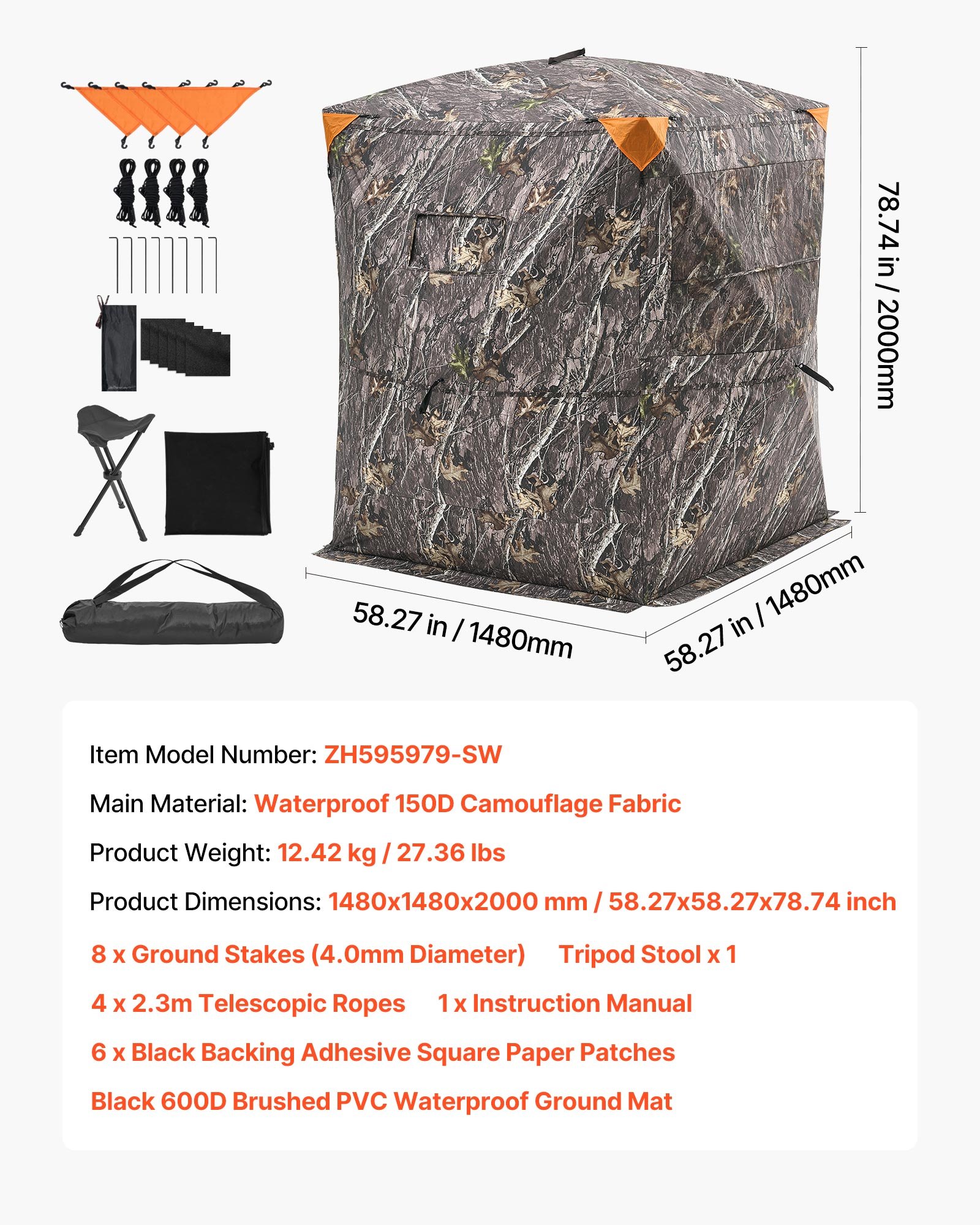 VEVOR Persiana de Caza Térmica 2 o 3 Personas con Silla de Tres Patas y Bolsa de Transporte, Camuflaje, con Puerta y Ventana Silenciosas con Cremallera, a Pavos y Ciervos, 1480 x 1480 x 2000 mm