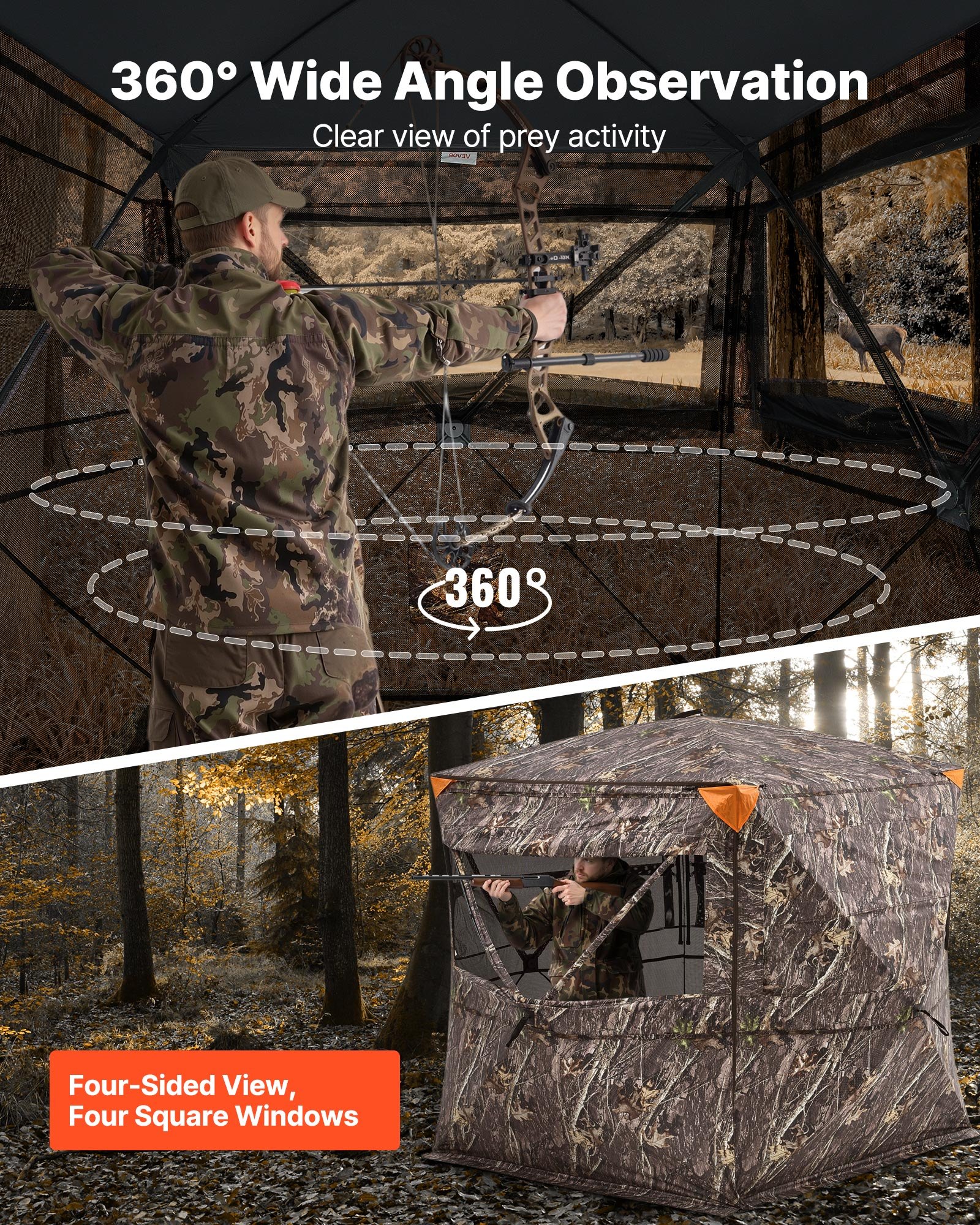 VEVOR Hunting Blind, 4-5 Person See Through Ground Blinds with Carrying Bag, 360 Degree Portable Camouflage Tent, Durable Concealed Shelter with Silent Zipper Door and Window, for Turkey and Deer