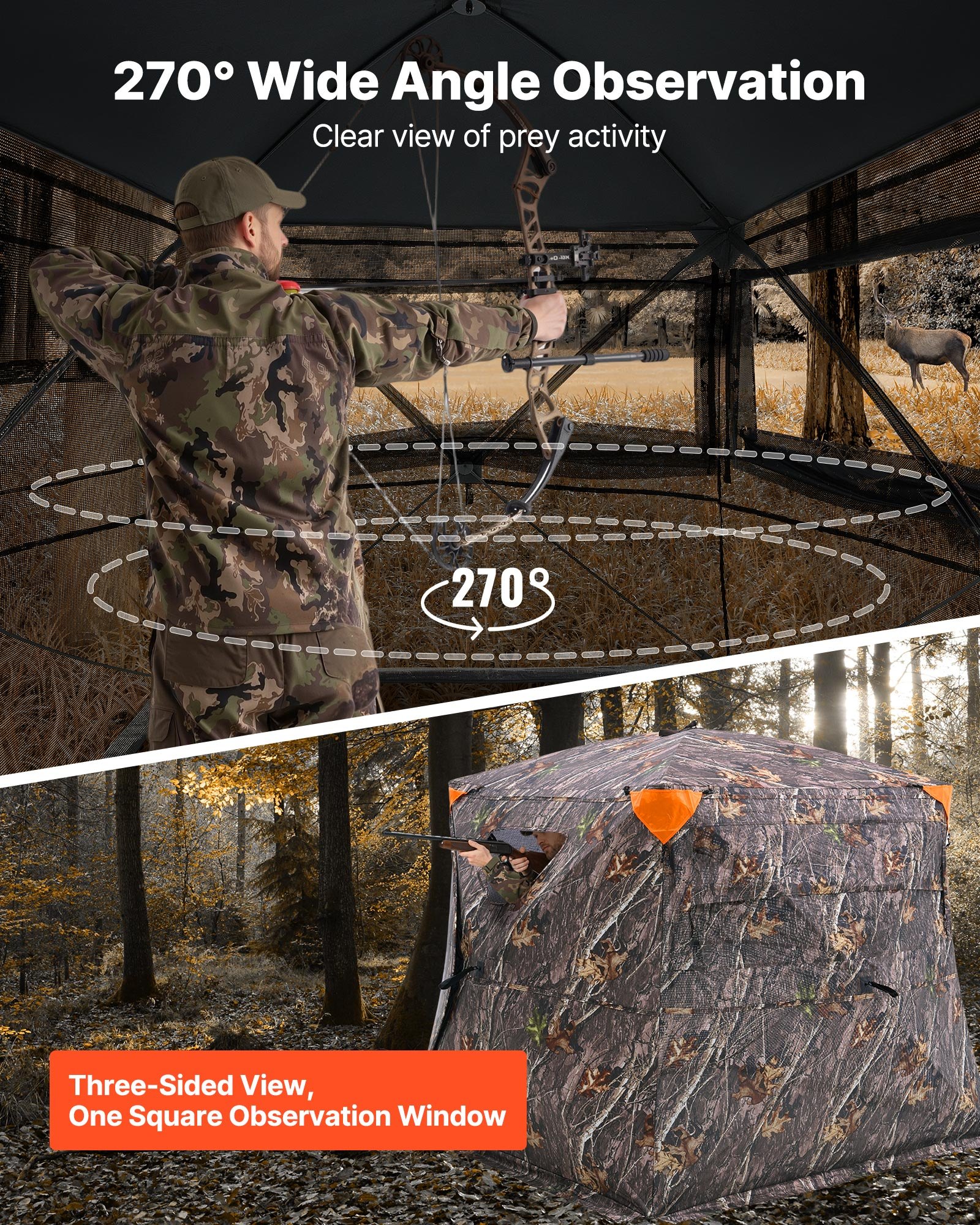 VEVOR Tienda de Caza Portátil Visión de 270° Puesto de Caza Plegable para 4-5 Personas con Bolsa de Transporte Tienda de Camuflaje Resistente Malla de Visión Unidireccional, 2205 x 2205 x 1750 mm