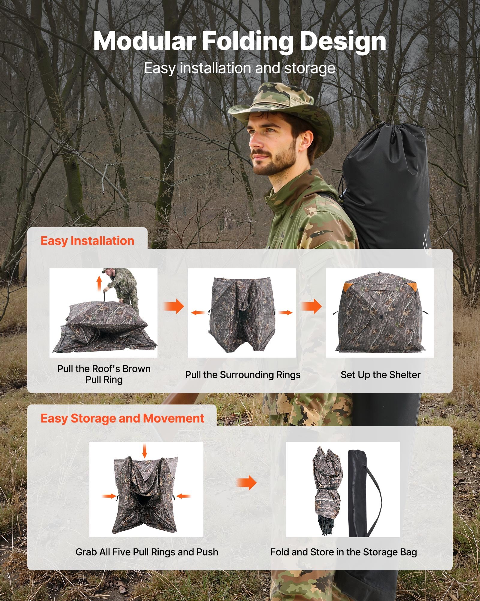 VEVOR Tienda de Caza Portátil Visión de 270° Puesto de Caza Plegable para 4-5 Personas con Bolsa de Transporte Tienda de Camuflaje Resistente Malla de Visión Unidireccional, 2205 x 2205 x 1750 mm