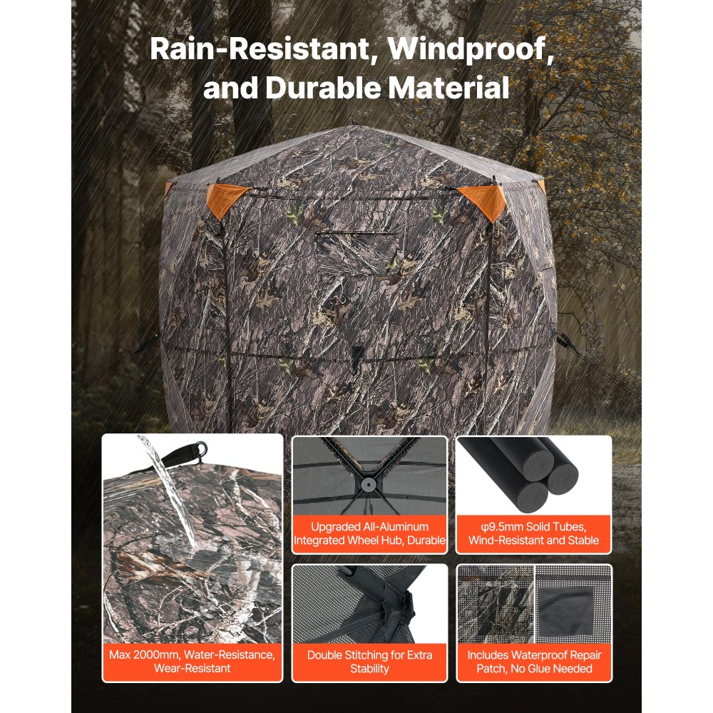 VEVOR Persiana de Caza Portátil Transparente de 288 Grados y 5 Lados con Bolsa de Transporte, para 6-7 Personas, Camuflaje, con Puerta, Ventana Silenciosas y Cremallera, para Pavos y Ciervos