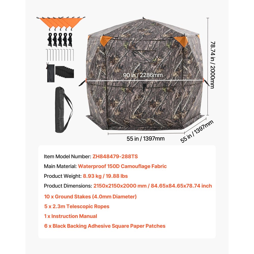 VEVOR Persiana de Caza Portátil Transparente de 288 Grados y 5 Lados con Bolsa de Transporte, para 6-7 Personas, Camuflaje, con Puerta, Ventana Silenciosas y Cremallera, para Pavos y Ciervos