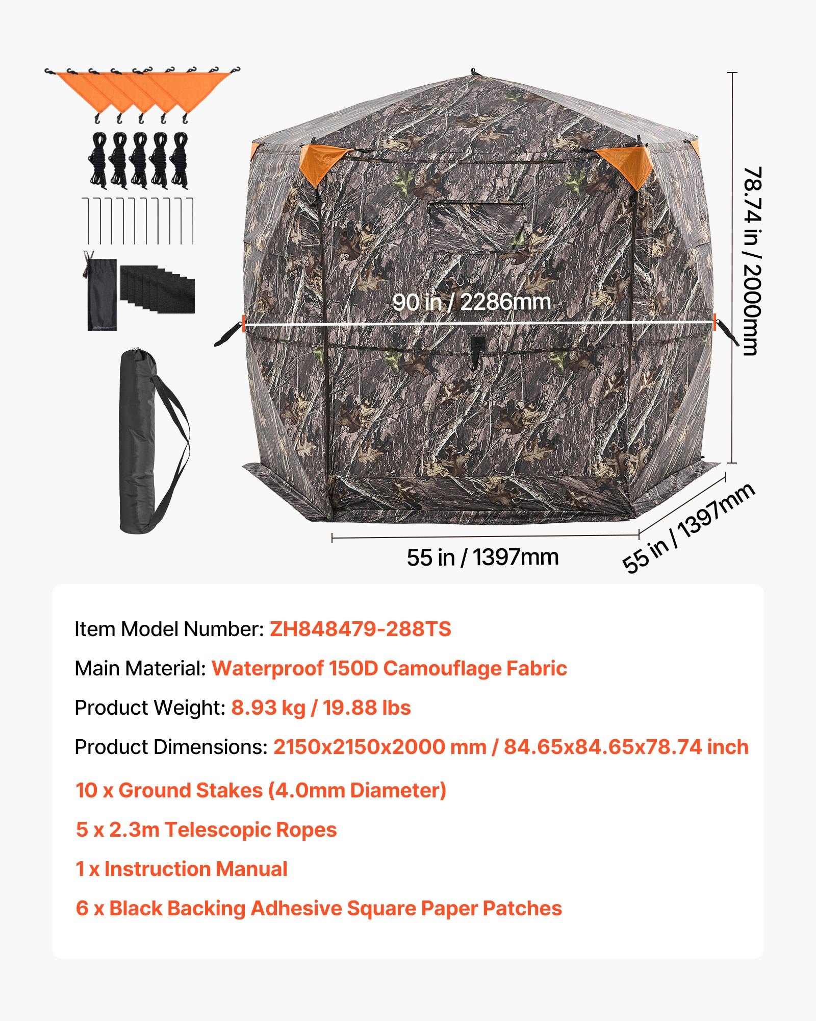VEVOR Hunting Blind, 6-7 Person, 288 Degree 5 Side See-Through Ground Blinds with Carrying Bag, Portable Camouflage Tent, Durable Concealed Shelter with Silent Zipper Door and Window, for Turkey Deer