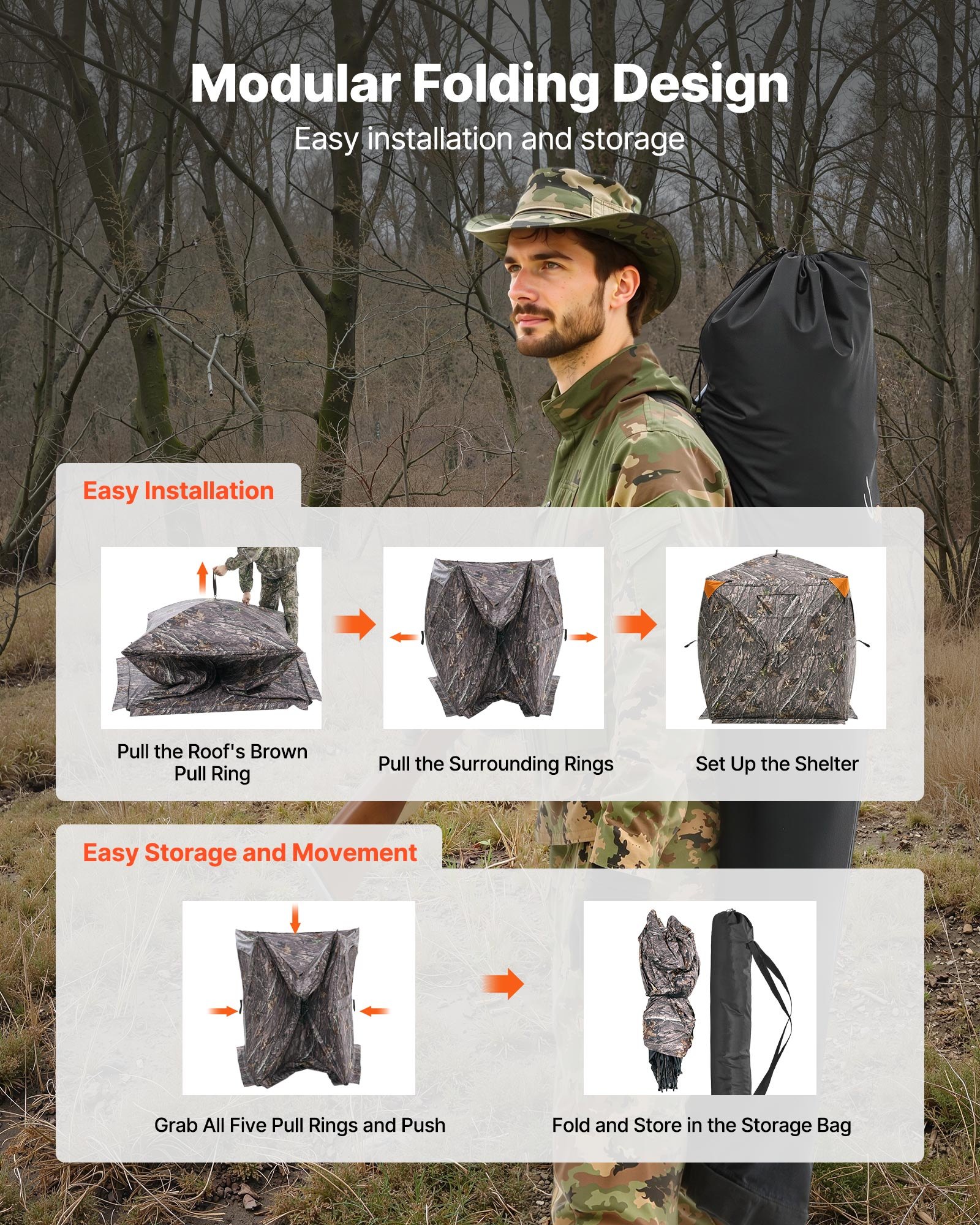 VEVOR Tienda de Caza Portátil Visión de 270° Puesto de Caza Plegable para 2 o 3 Personas con Bolsa de Transporte Tienda de Camuflaje Resistente con 3 Ventanas Horizontales, 1480 x 1480 x 1700 mm