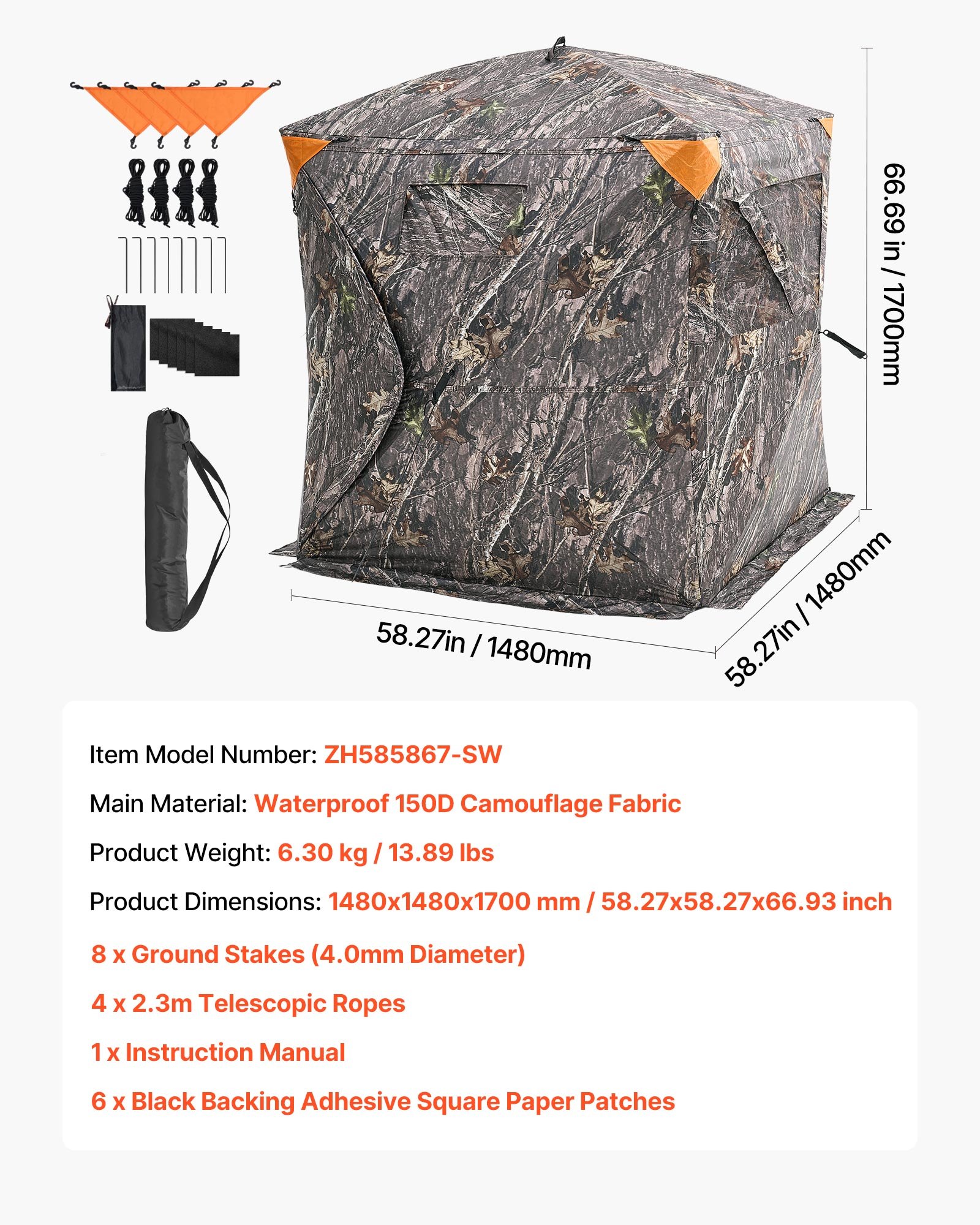 VEVOR Tienda de Caza Portátil Visión de 270° Puesto de Caza Plegable para 2 o 3 Personas con Bolsa de Transporte Tienda de Camuflaje Resistente con 3 Ventanas Horizontales, 1480 x 1480 x 1700 mm