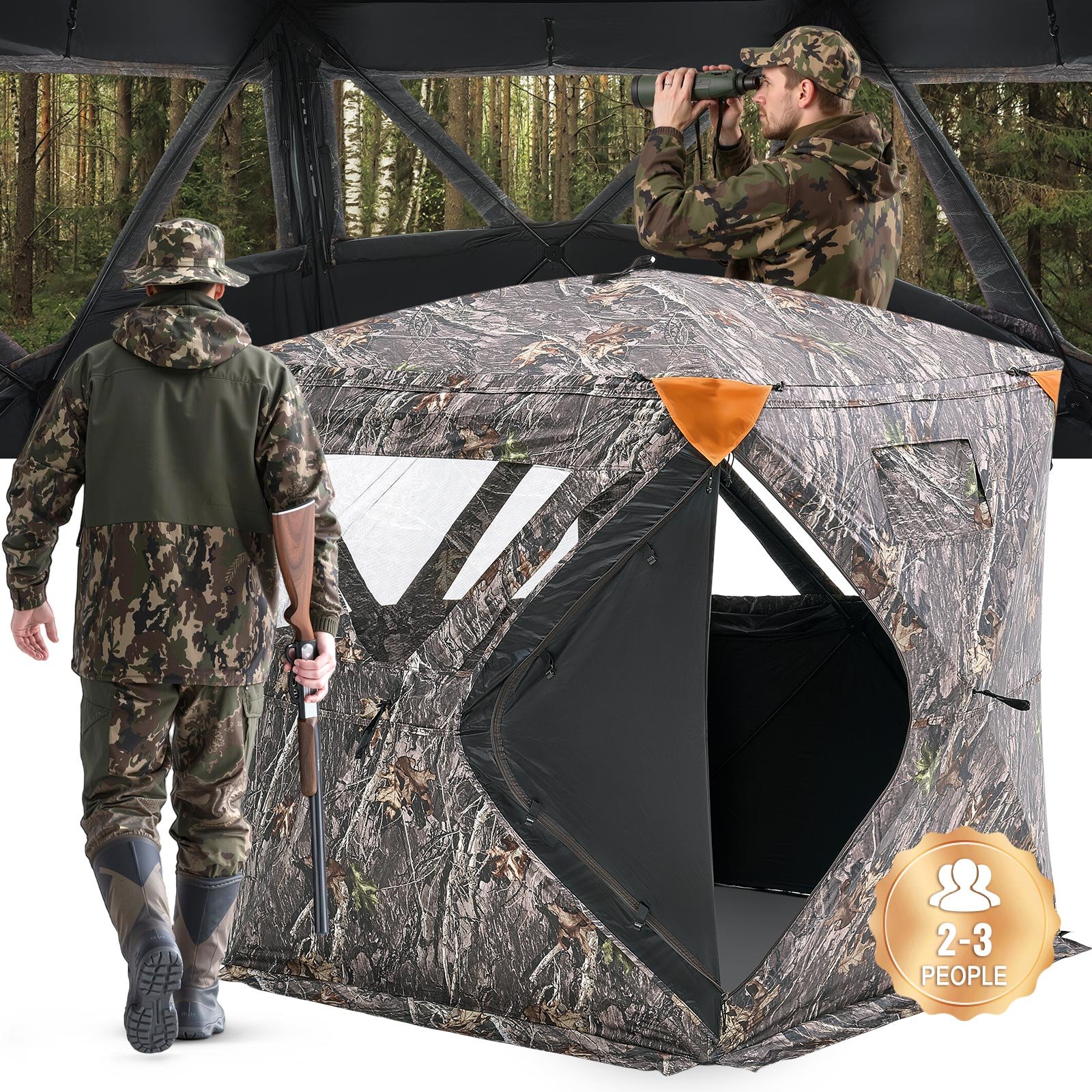 VEVOR Tienda de Caza Portátil Visión de 270° Puesto de Caza Plegable para 2 o 3 Personas con Bolsa de Transporte Tienda de Camuflaje Resistente con 3 Ventanas Horizontales, 1480 x 1480 x 1700 mm