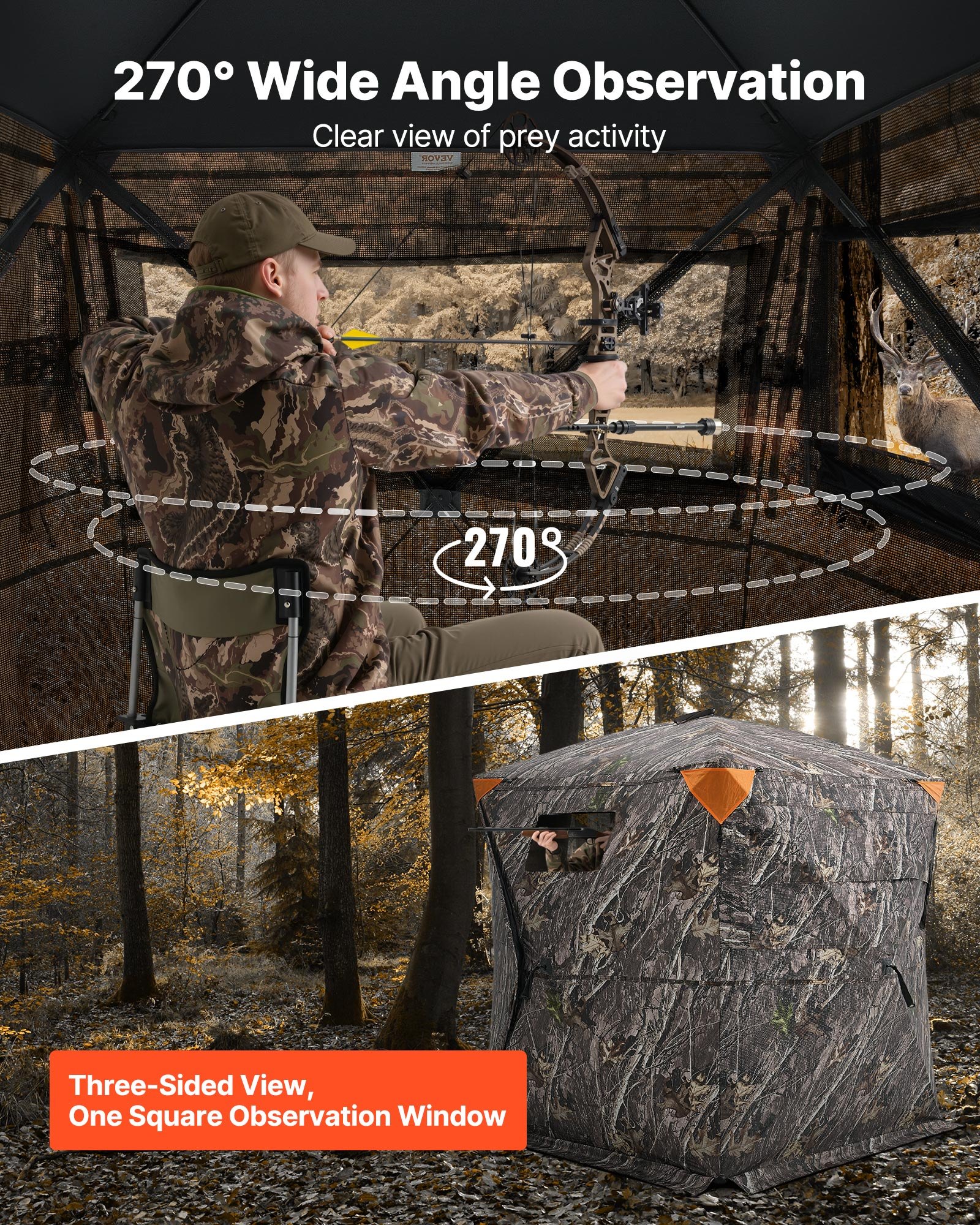 VEVOR Tienda de Caza Portátil Visión de 270° Puesto de Caza Plegable para 1 o 2 Personas con Bolsa de Transporte Tienda de Camuflaje Resistente Malla de Visión Unidireccional, 1410 x 1410 x 1700 mm
