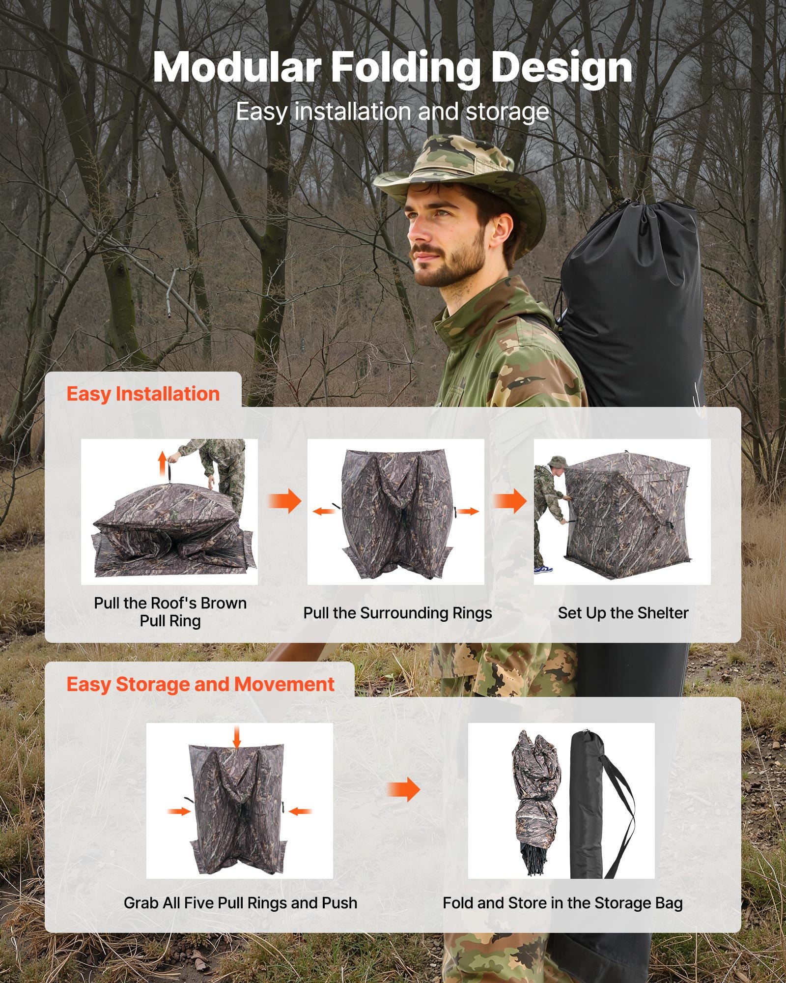 VEVOR Tienda de Caza Portátil Visión de 270° Puesto de Caza Plegable para 1 o 2 Personas con Bolsa de Transporte Tienda de Camuflaje Resistente Malla de Visión Unidireccional, 1410 x 1410 x 1700 mm