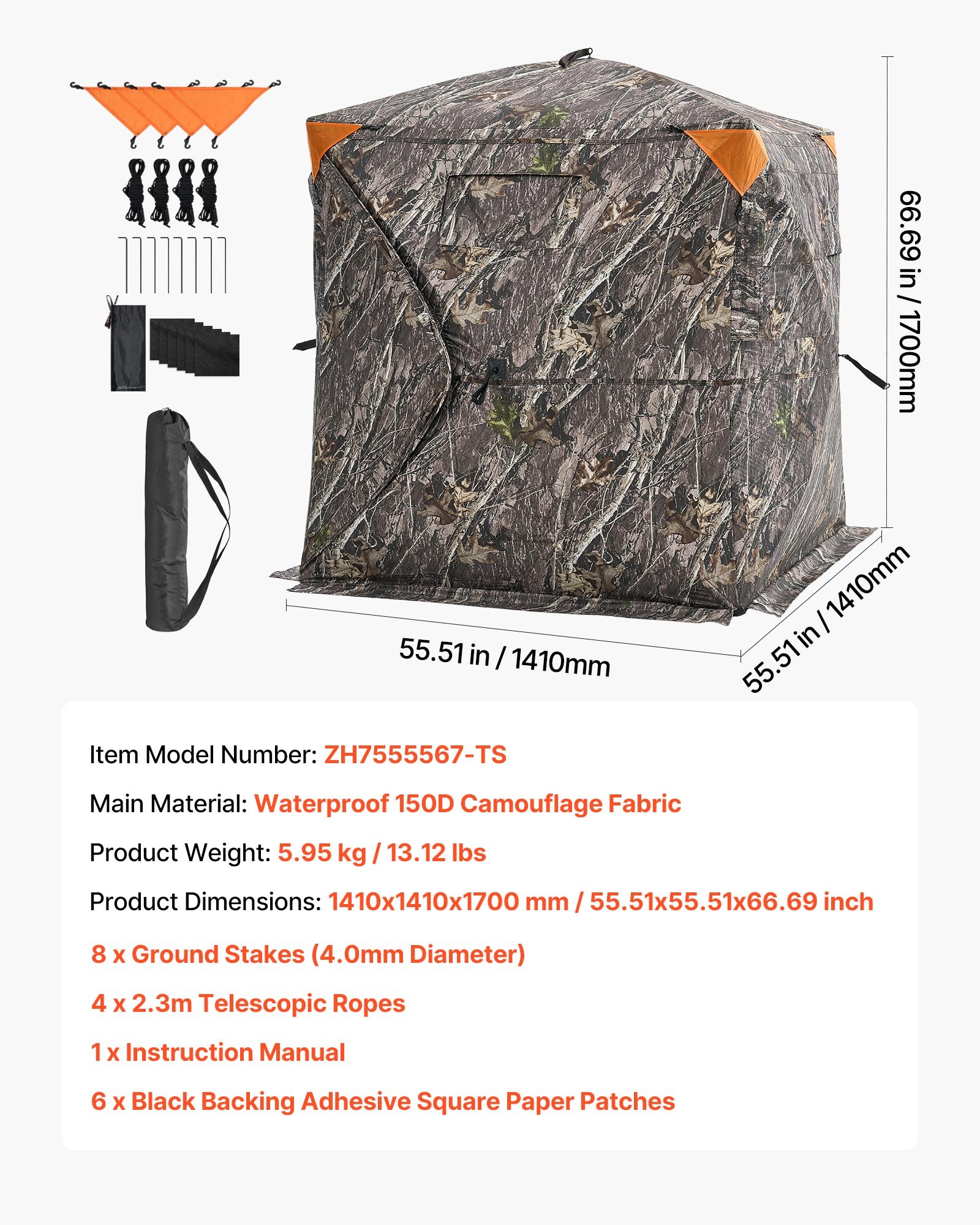 VEVOR Tienda de Caza Portátil Visión de 270° Puesto de Caza Plegable para 1 o 2 Personas con Bolsa de Transporte Tienda de Camuflaje Resistente Malla de Visión Unidireccional, 1410 x 1410 x 1700 mm