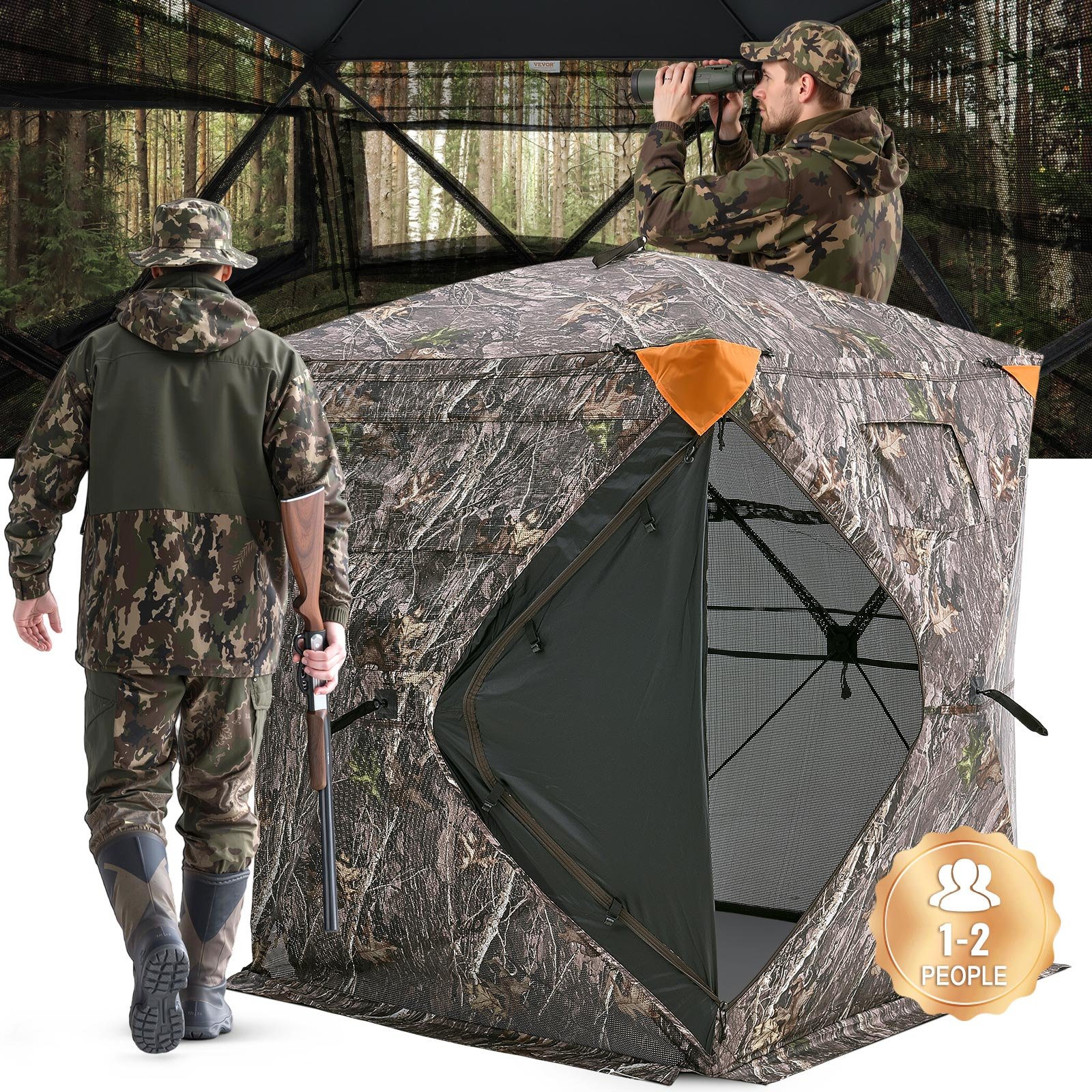 VEVOR Tienda de Caza Portátil Visión de 270° Puesto de Caza Plegable para 1 o 2 Personas con Bolsa de Transporte Tienda de Camuflaje Resistente Malla de Visión Unidireccional, 1410 x 1410 x 1700 mm