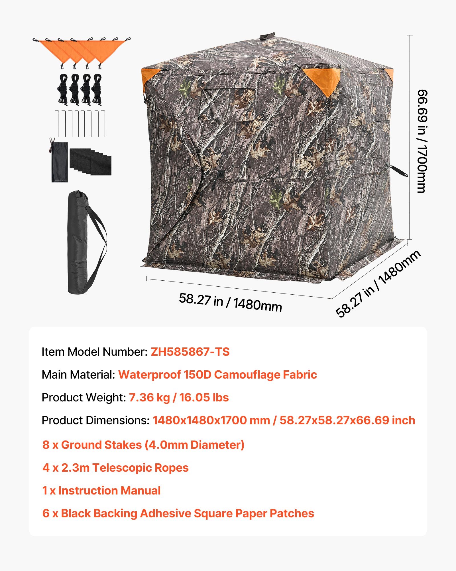 VEVOR Tienda de Caza Portátil Visión de 270° Puesto de Caza Plegable para 2 o 3 Personas con Bolsa de Transporte Tienda de Camuflaje Resistente Malla de Visión Unidireccional, 1480 x 1480 x 1700 mm