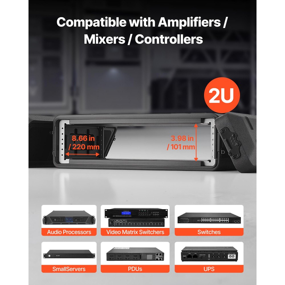 VEVOR Maleta para Rack 2U Profundidad de 260 mm, Caja de Soporte de Sonido con Compartimento para Micrófono, Carcasa para Audio, Construcción de Polietileno, Cierres Empotrados, para Amplificador