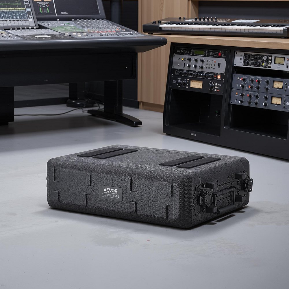 VEVOR Maleta para Rack 2U Profundidad de 260 mm, Caja de Soporte de Sonido con Compartimento para Micrófono, Carcasa para Audio, Construcción de Polietileno, Cierres Empotrados, para Amplificador
