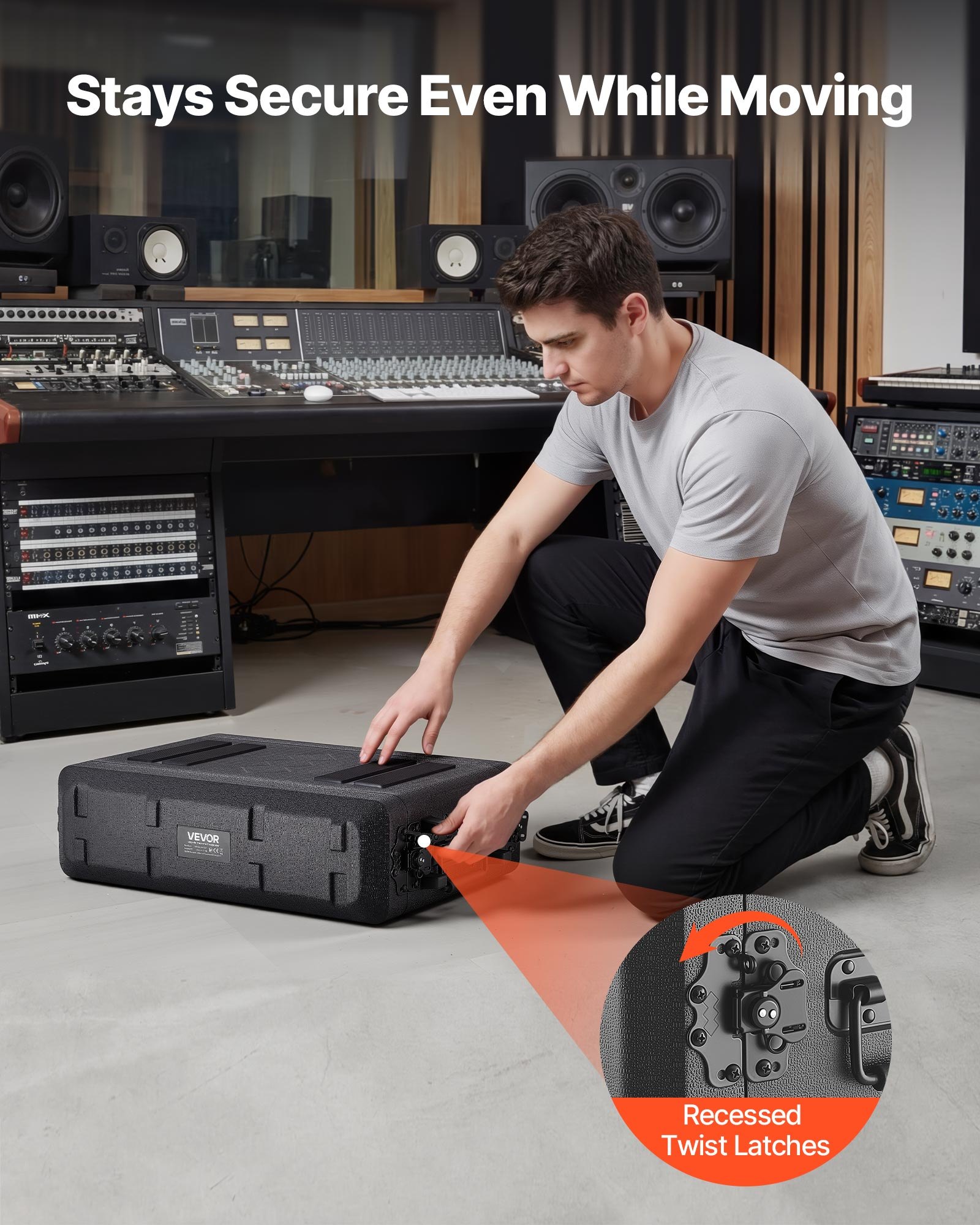 VEVOR Maleta para Rack 2U Profundidad de 260 mm, Caja de Soporte de Sonido con Compartimento para Micrófono, Carcasa para Audio, Construcción de Polietileno, Cierres Empotrados, para Amplificador