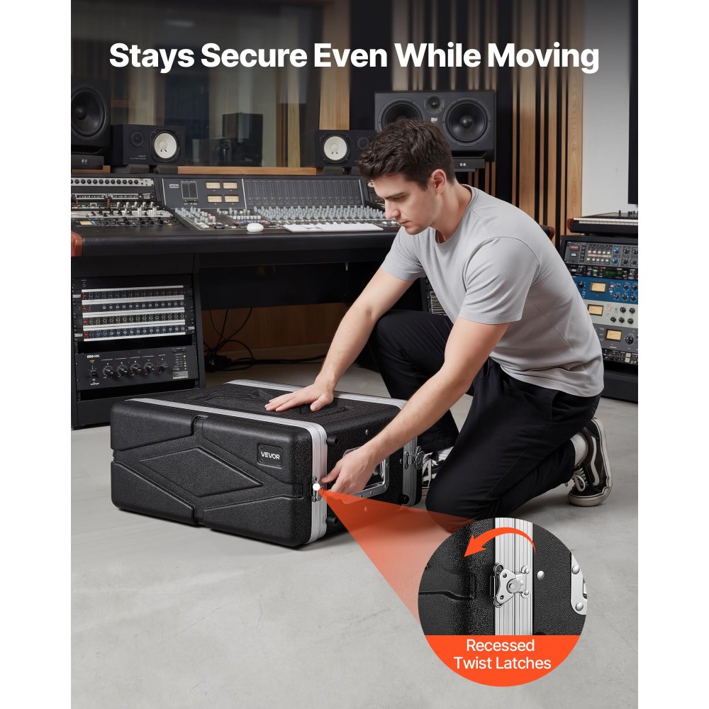VEVOR Maleta para Rack 4U Profundidad de 310 mm, Caja de Soporte de Sonido con Construcción ABS, Cierres Empotrados, Carcasa para Audio, Cubierta Frontal y Trasera Desmontables, para Amplificador