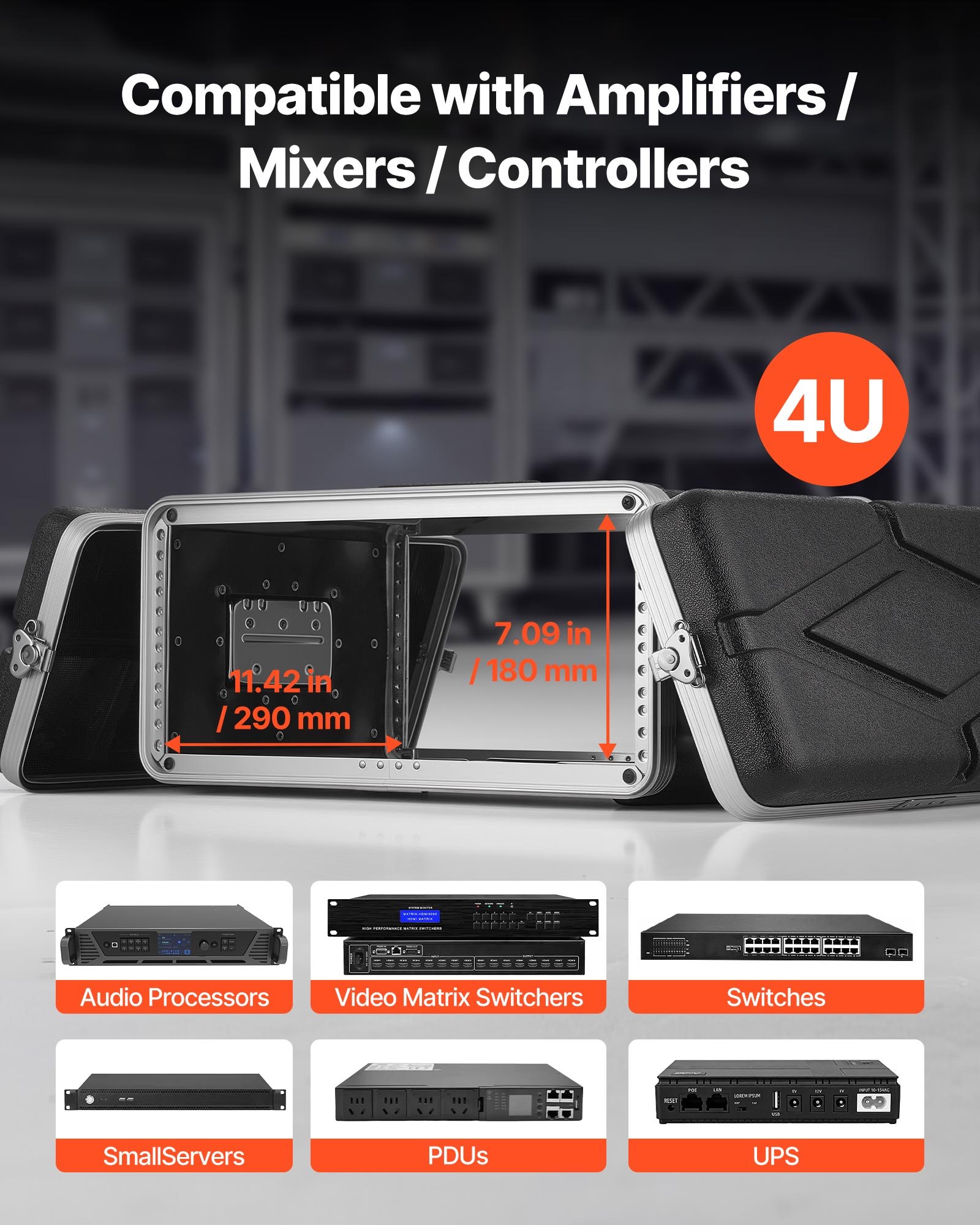 VEVOR Maleta para Rack 4U Profundidad de 310 mm, Caja de Soporte de Sonido con Construcción ABS, Cierres Empotrados, Carcasa para Audio, Cubierta Frontal y Trasera Desmontables, para Amplificador