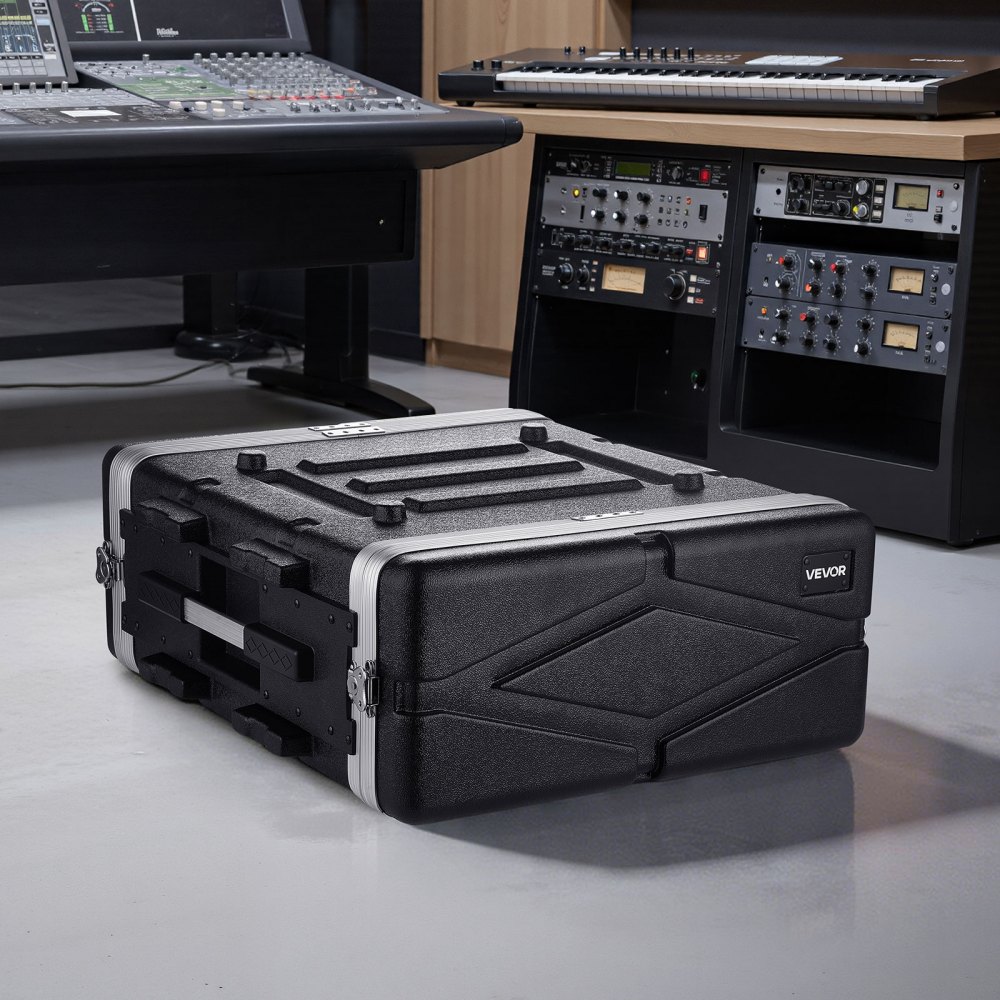 VEVOR Maleta para Rack 4U Profundidad de 480 mm, Caja de Soporte de Sonido con Construcción ABS, Cierres Empotrados, Carcasa para Audio, Cubierta Frontal y Trasera Desmontables, para Amplificador